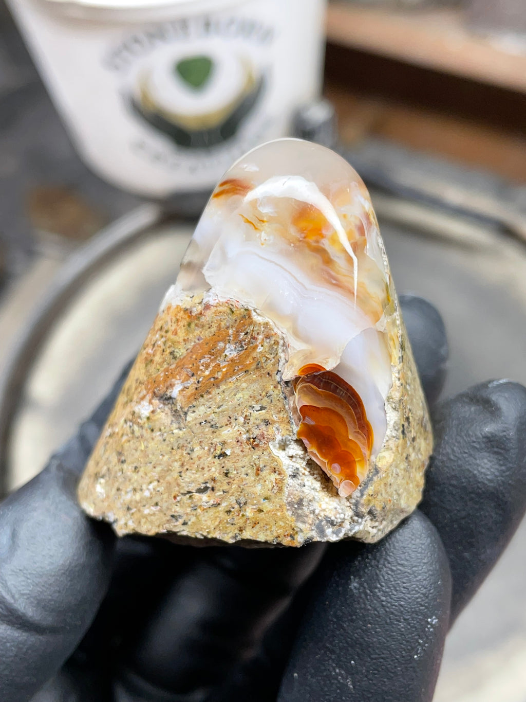StoneBorn Creations Hand-Shaped Fire Agate with Natural Banding and Raw Matrix Base