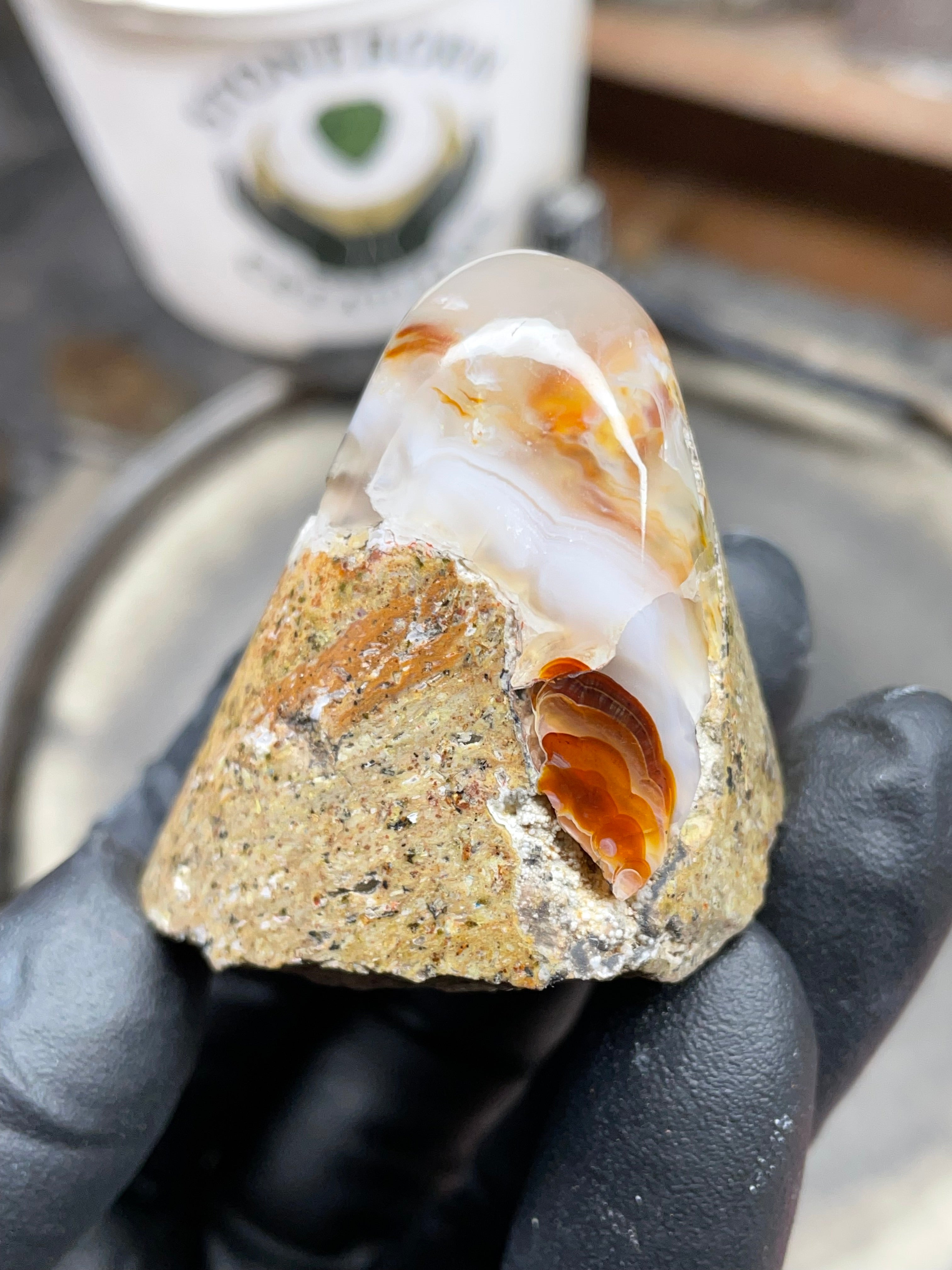 StoneBorn Creations Hand-Shaped Fire Agate with Natural Banding and Raw Matrix Base