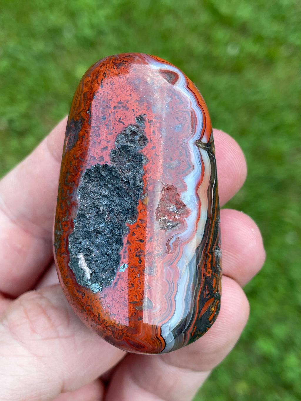 StoneBorn Creations Hand-Polished Lace Agate Freeform with Intricate Fortification Banding, Bold Red Plumes & Natural Druzy Matrix