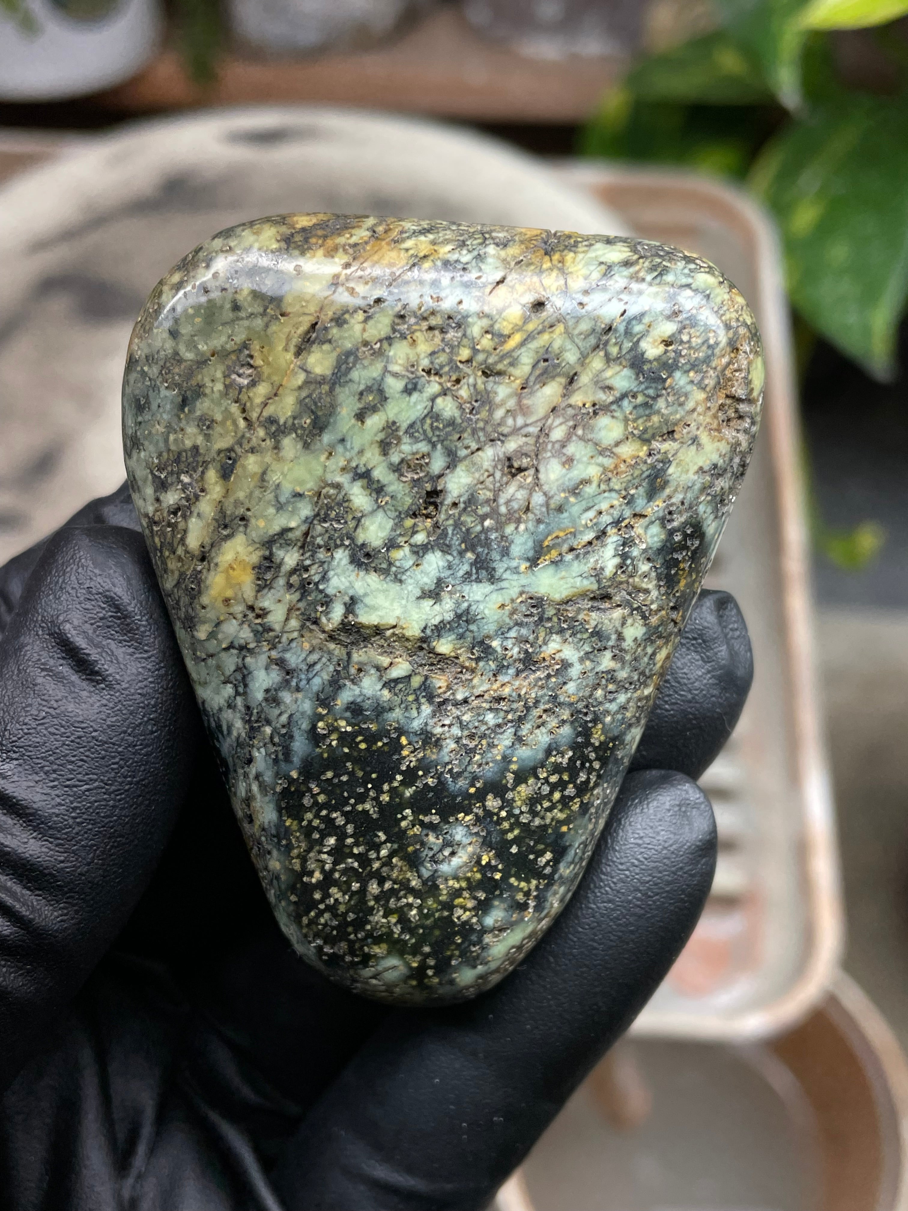 Hand-Polished Vermont Serpentine with Golden Flecking, Deep Green Tones, and Natural Matrix Freeform Finish