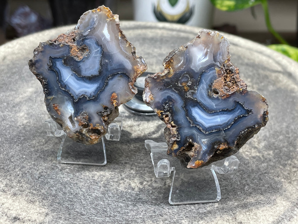 StoneBorn Creations Hand-Polished Banded Agate Pair – Cut Matching Halves with Steel-Blue Fortification Bands