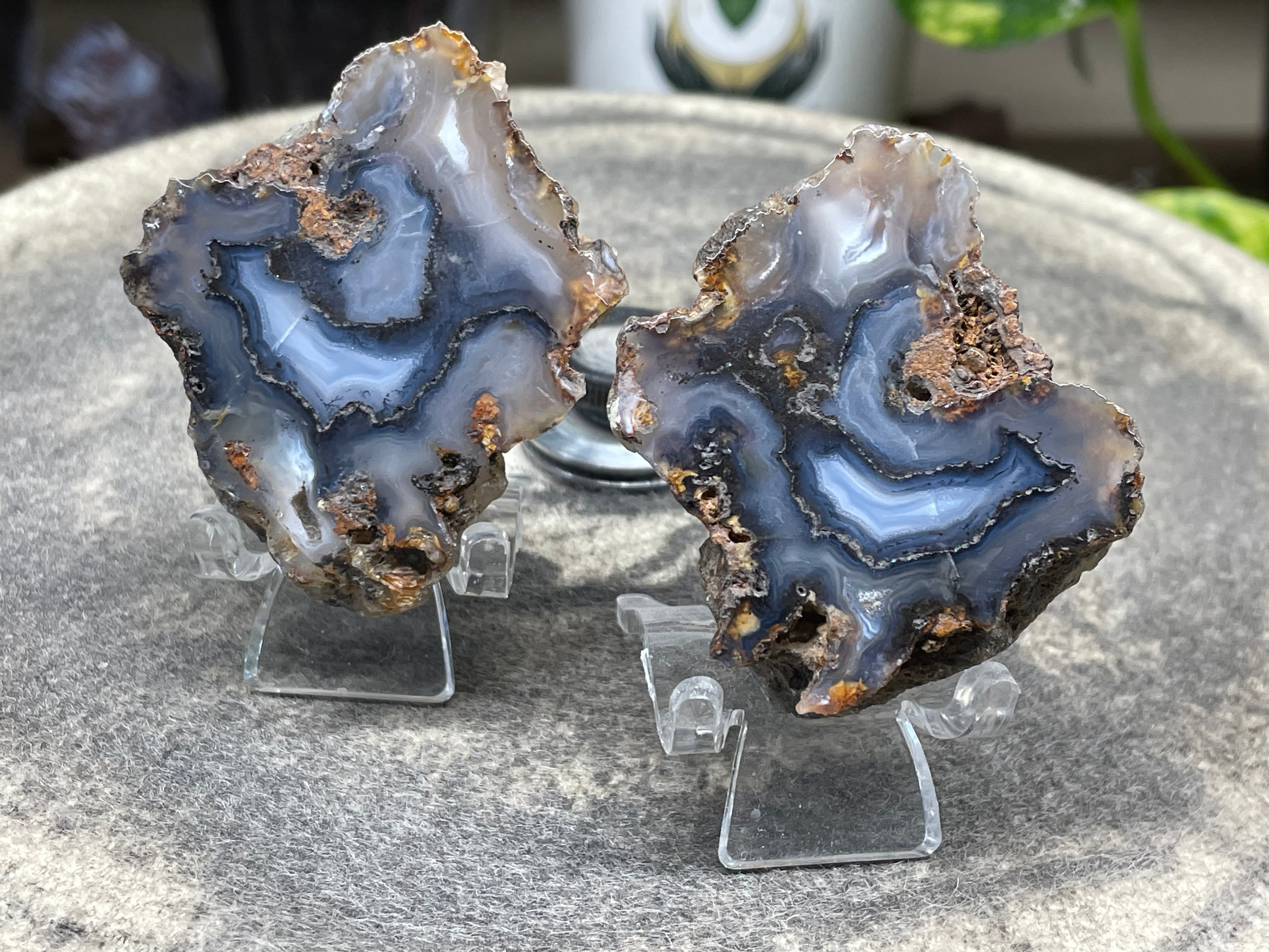 StoneBorn Creations Hand-Polished Banded Agate Pair – Cut Matching Halves with Steel-Blue Fortification Bands