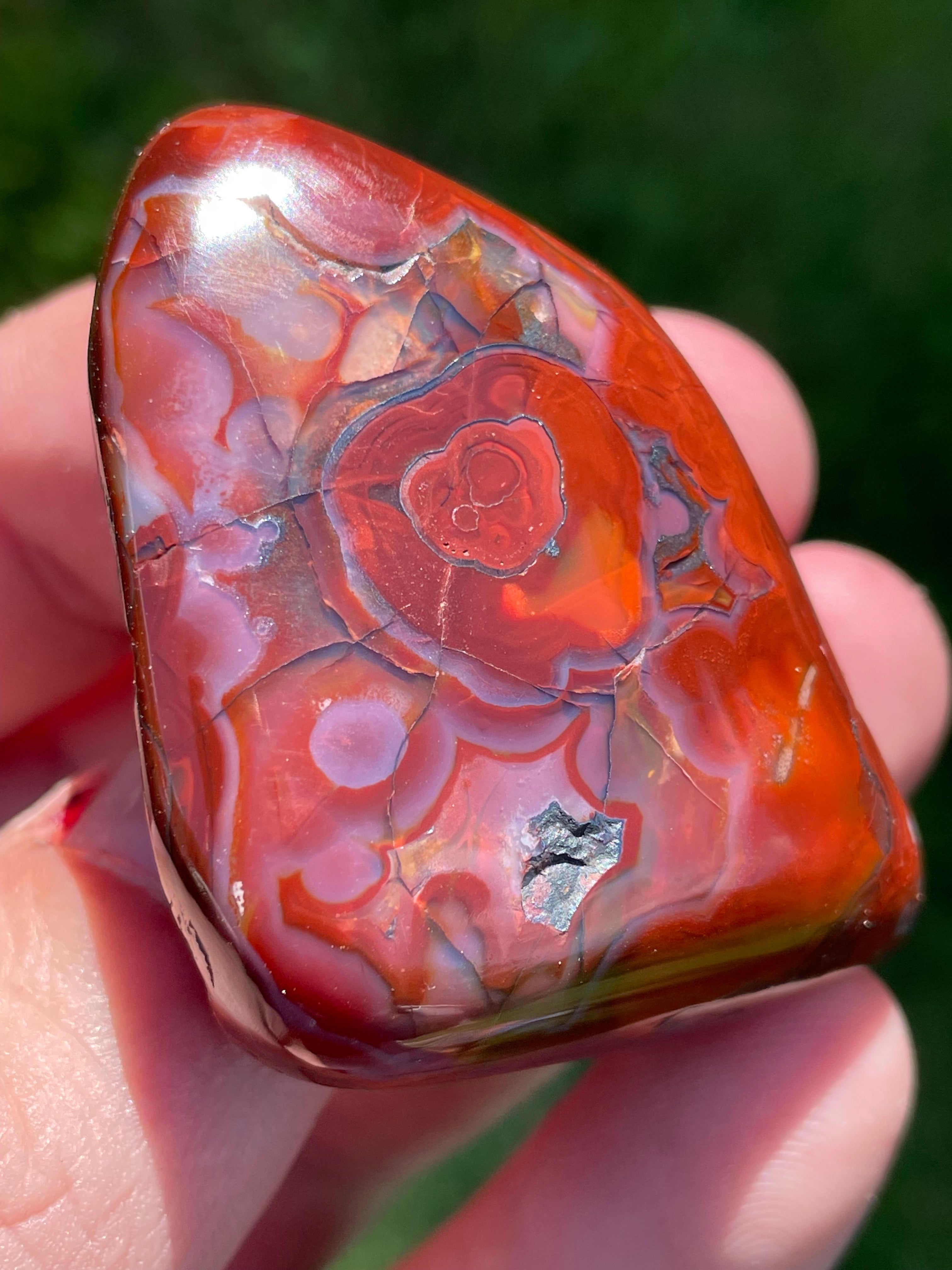 StoneBorn Creations Hand-Polished Lace Agate Freeform with Bold Red Plumes, Fortification Banding & Natural Matrix