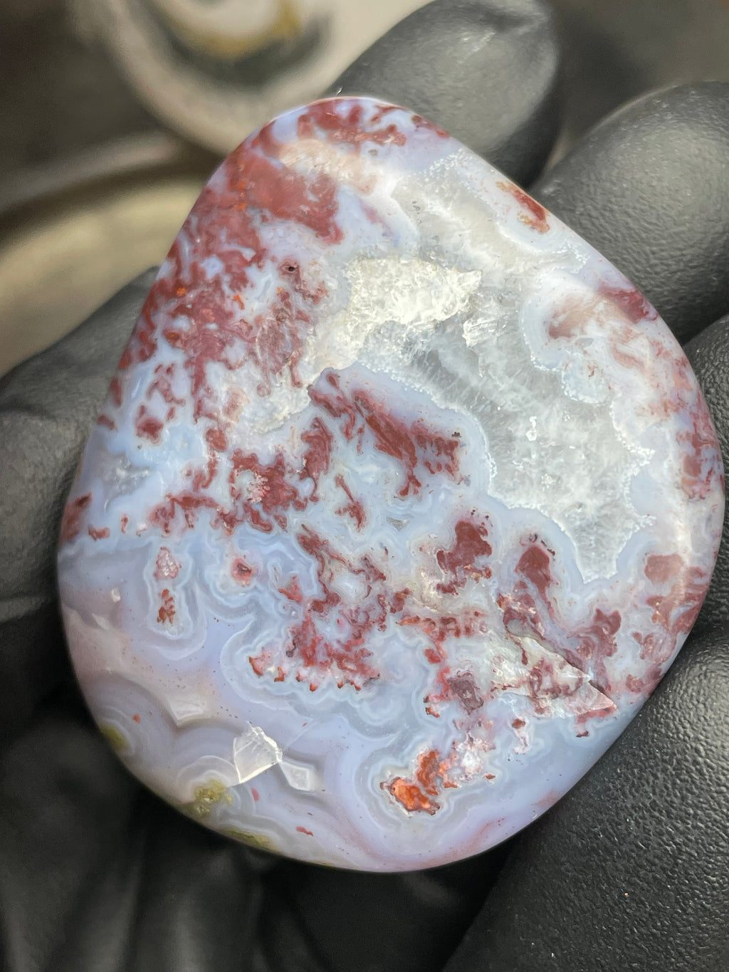 StoneBorn Creations – Hand-Polished Blue Lace Agate with Red Plume Inclusions & Natural Druzy