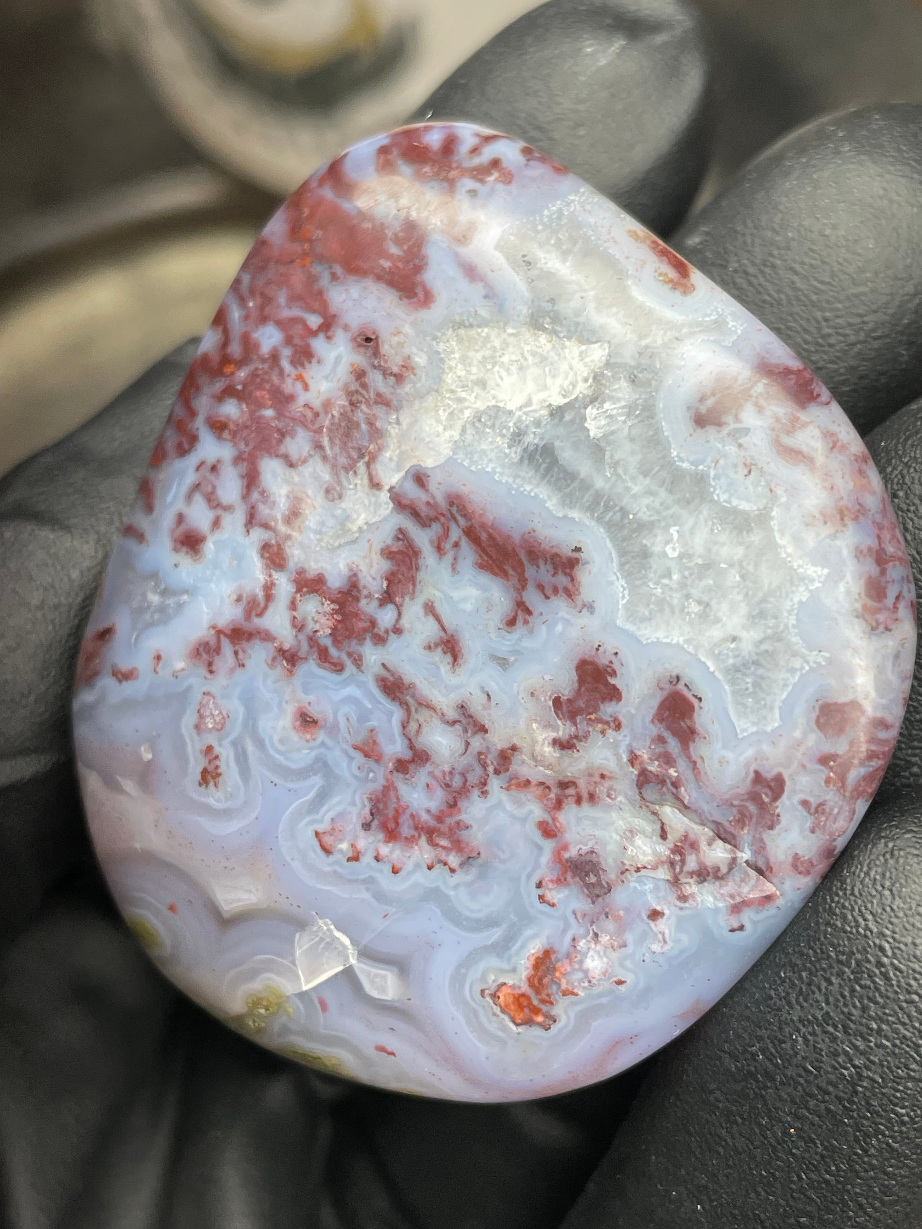StoneBorn Creations – Hand-Polished Blue Lace Agate with Red Plume Inclusions & Natural Druzy