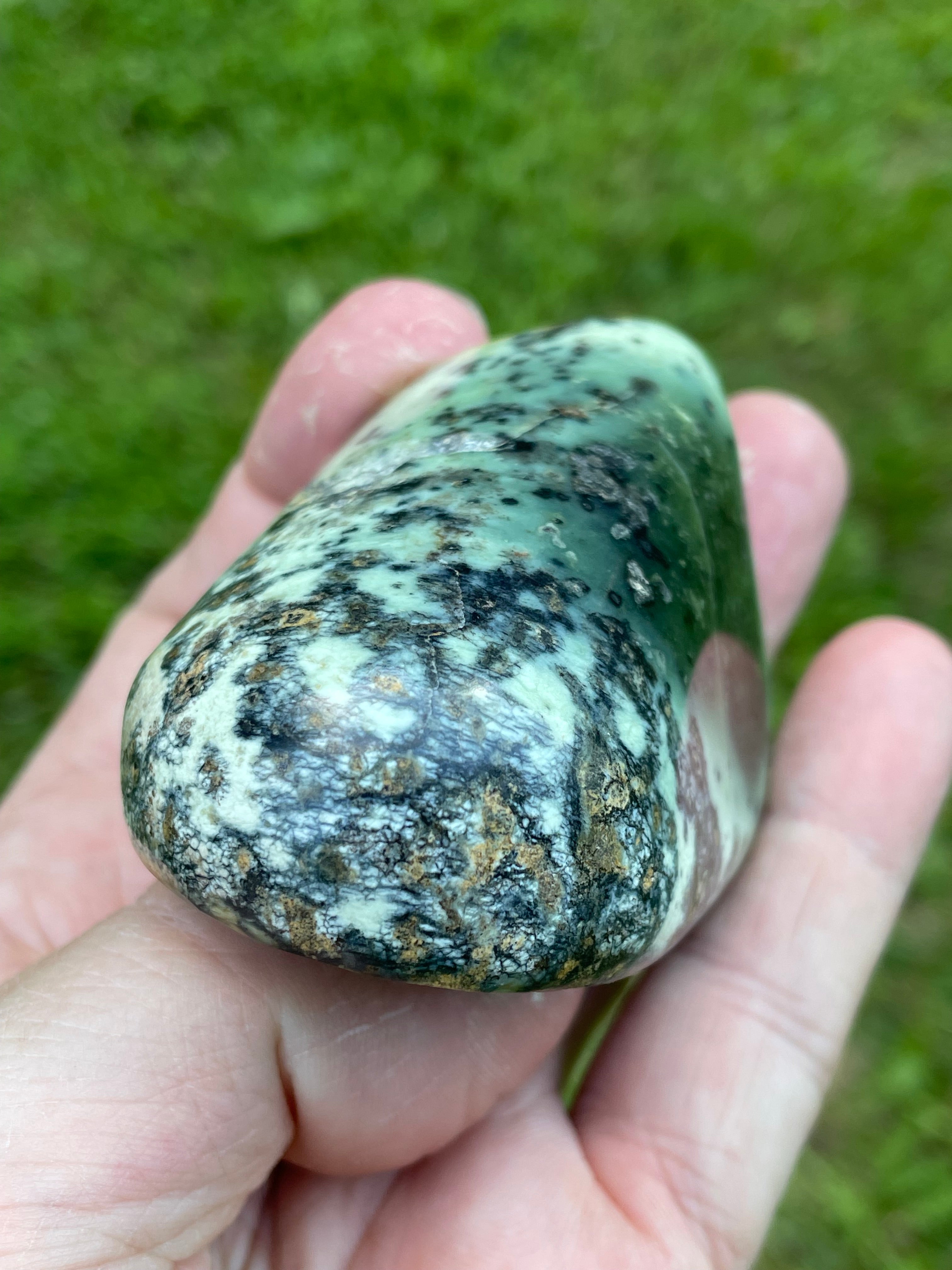 StoneBorn Creations Hand-Polished Green Serpentine Freeform with Deep Forest Green Pocket, Golden Matrix, and Natural Black Mineral Inclusions