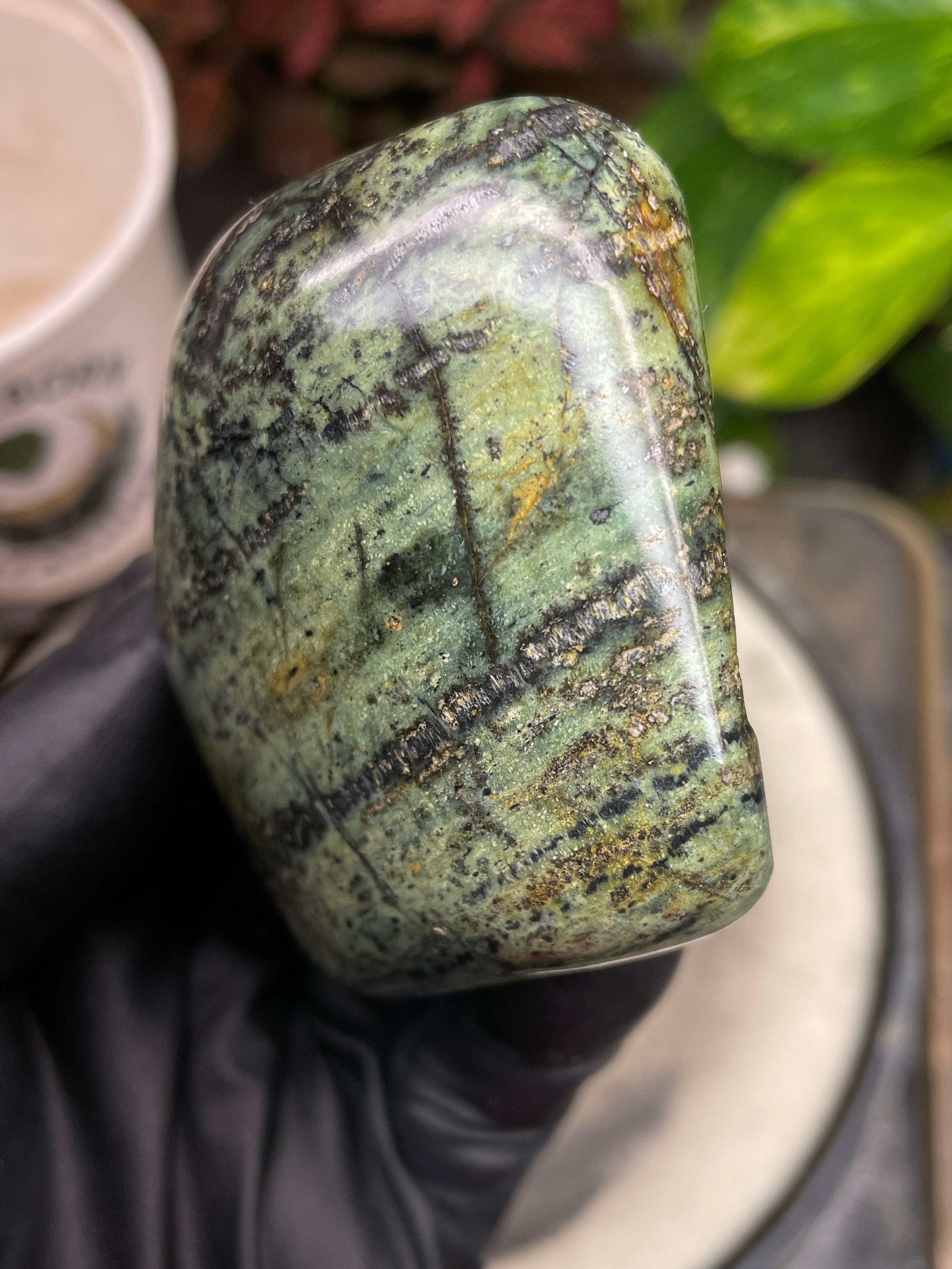 StoneBorn Creations Hand-Polished Vermont Serpentine with Dark Veining, Golden Earth Tones, and Freeform Finish