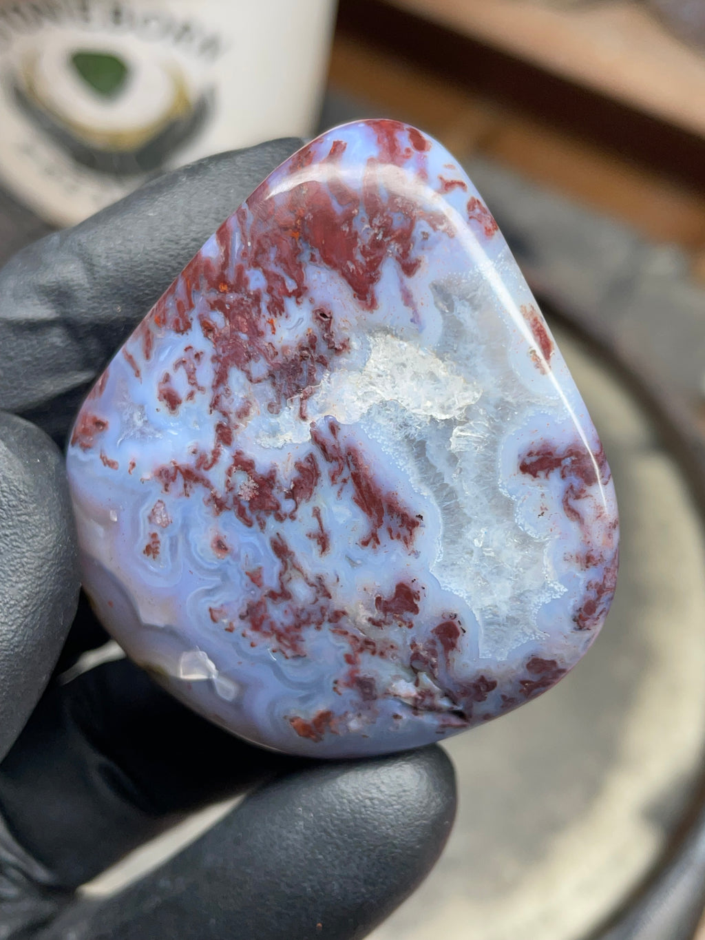 StoneBorn Creations – Hand-Polished Blue Lace Agate with Red Plume Inclusions & Natural Druzy