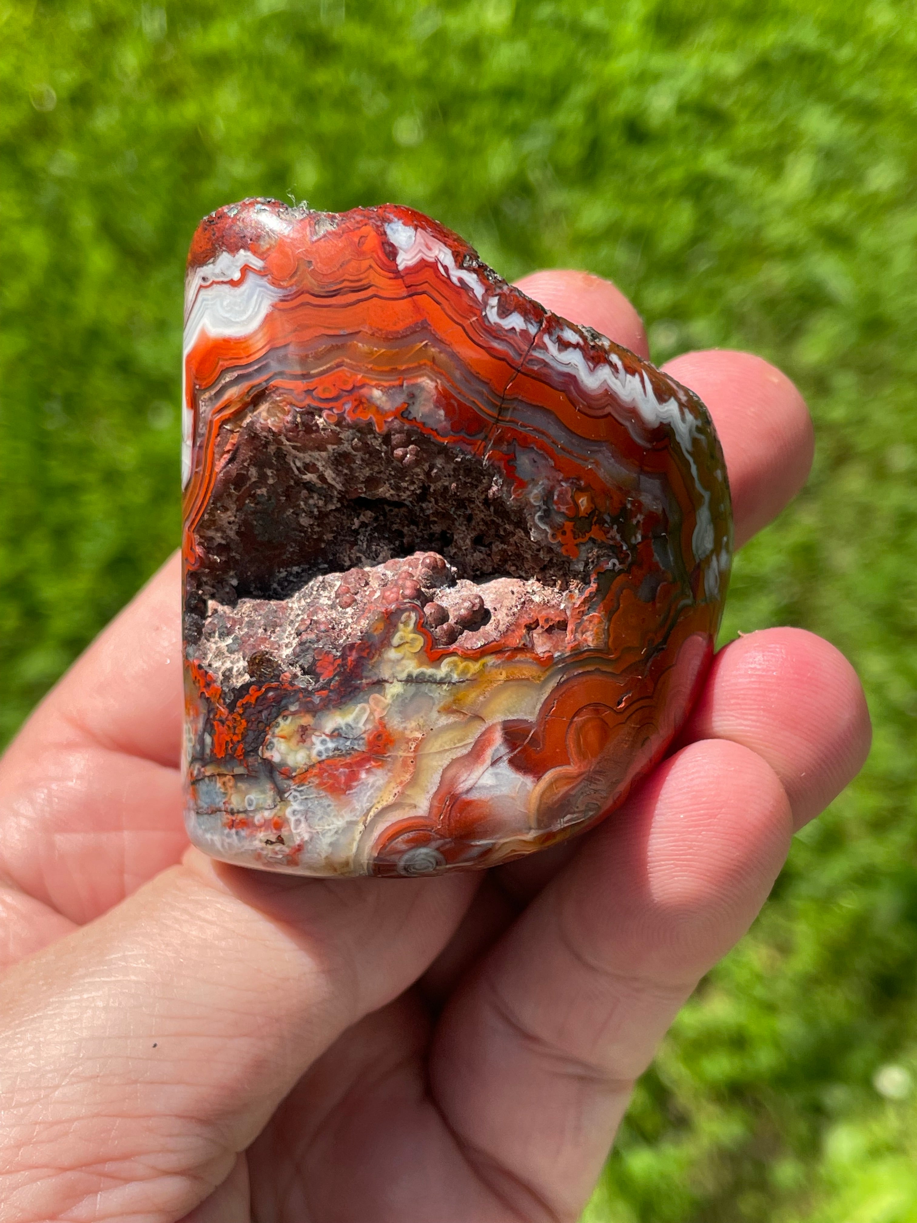 StoneBorn Creations Hand-Polished Lace Agate Freeform with Crimson Fortification Banding, Natural Druzy Pocket, and Preserved Volcanic Matrix