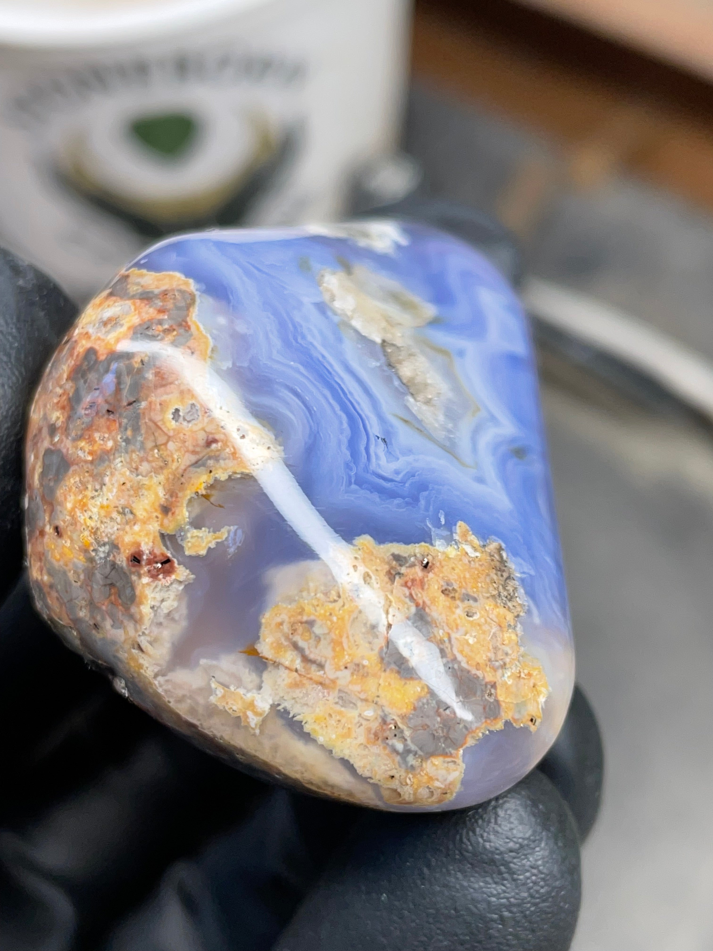 StoneBorn Creations Hand-Polished Blue Lace Agate with Natural Druzy Crystal Pocket & Earth-Toned Matrix