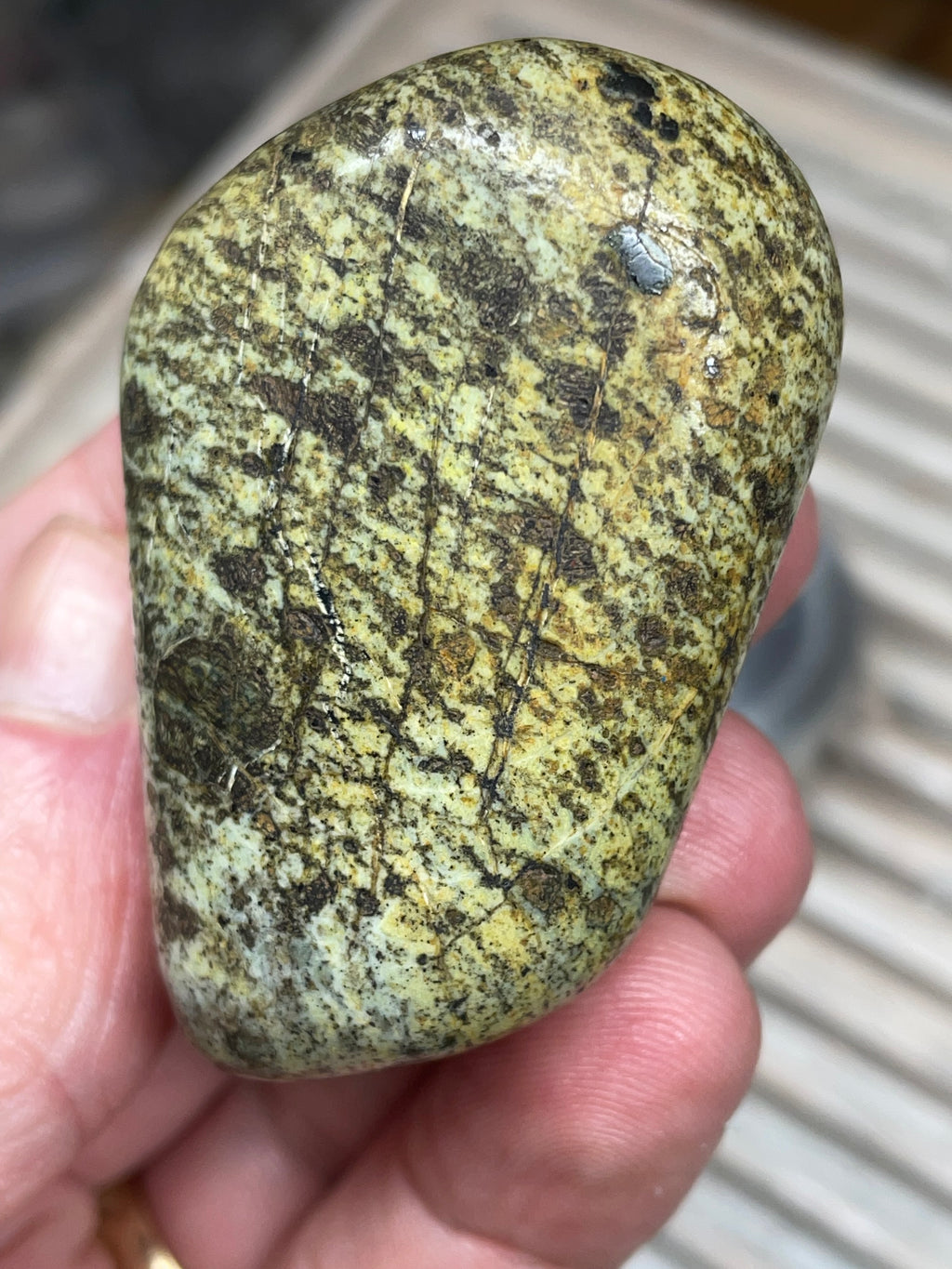 StoneBorn Creations • Hand-Polished Vermont Greenstone (Serpentine) • Moss & Shadow Speckle • Palm Stone