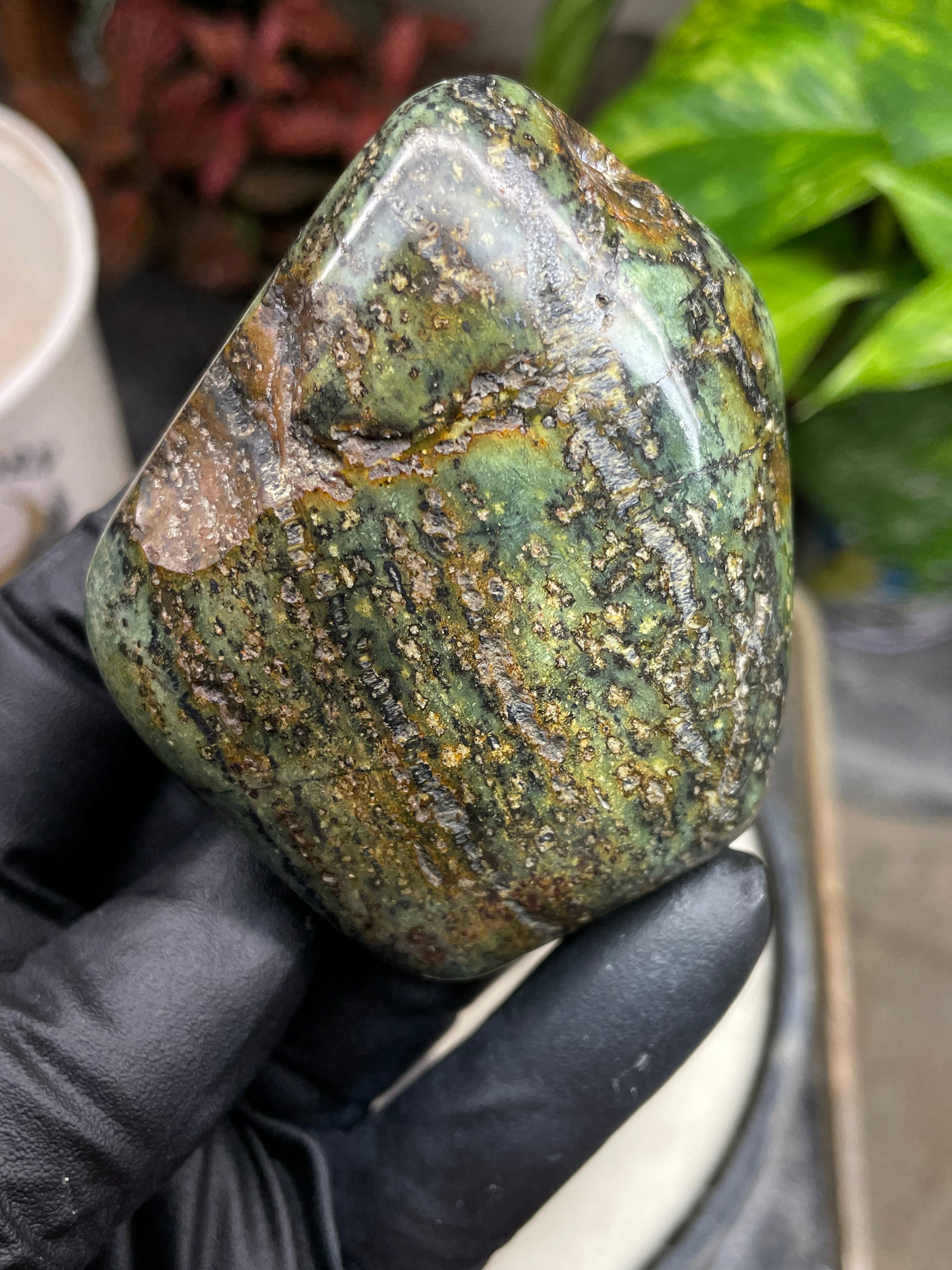 StoneBorn Creations Hand-Polished Vermont Serpentine with Dark Veining, Golden Earth Tones, and Freeform Finish