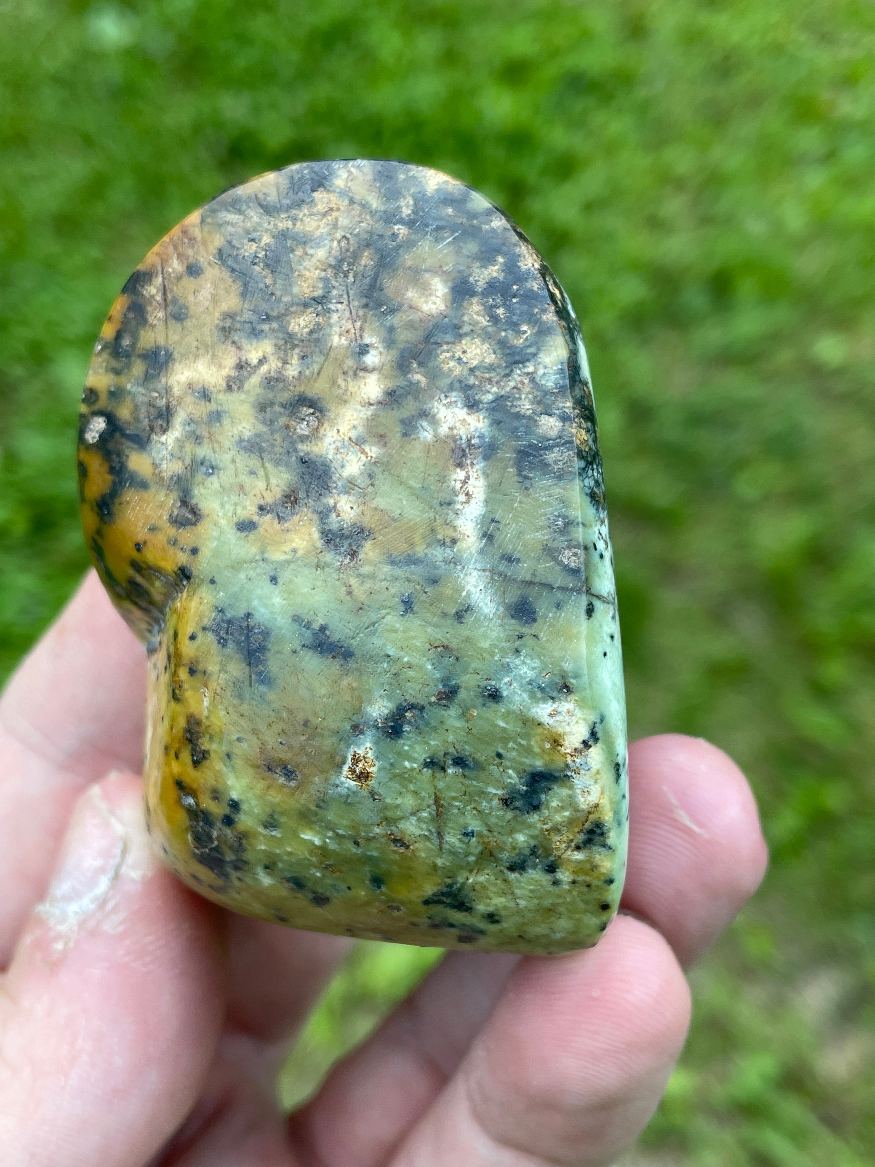 StoneBorn Creations Hand-Polished Green Serpentine Freeform with Deep Forest Green Pocket, Golden Matrix, and Natural Black Mineral Inclusions