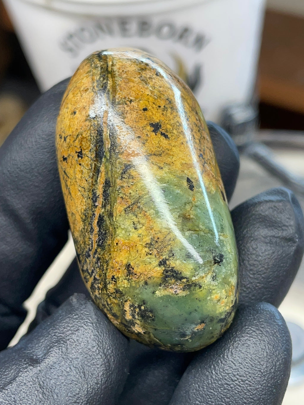 Hand Polished River-Found Serpentine Stone | Green & Gold Freeform | StoneBorn Creations