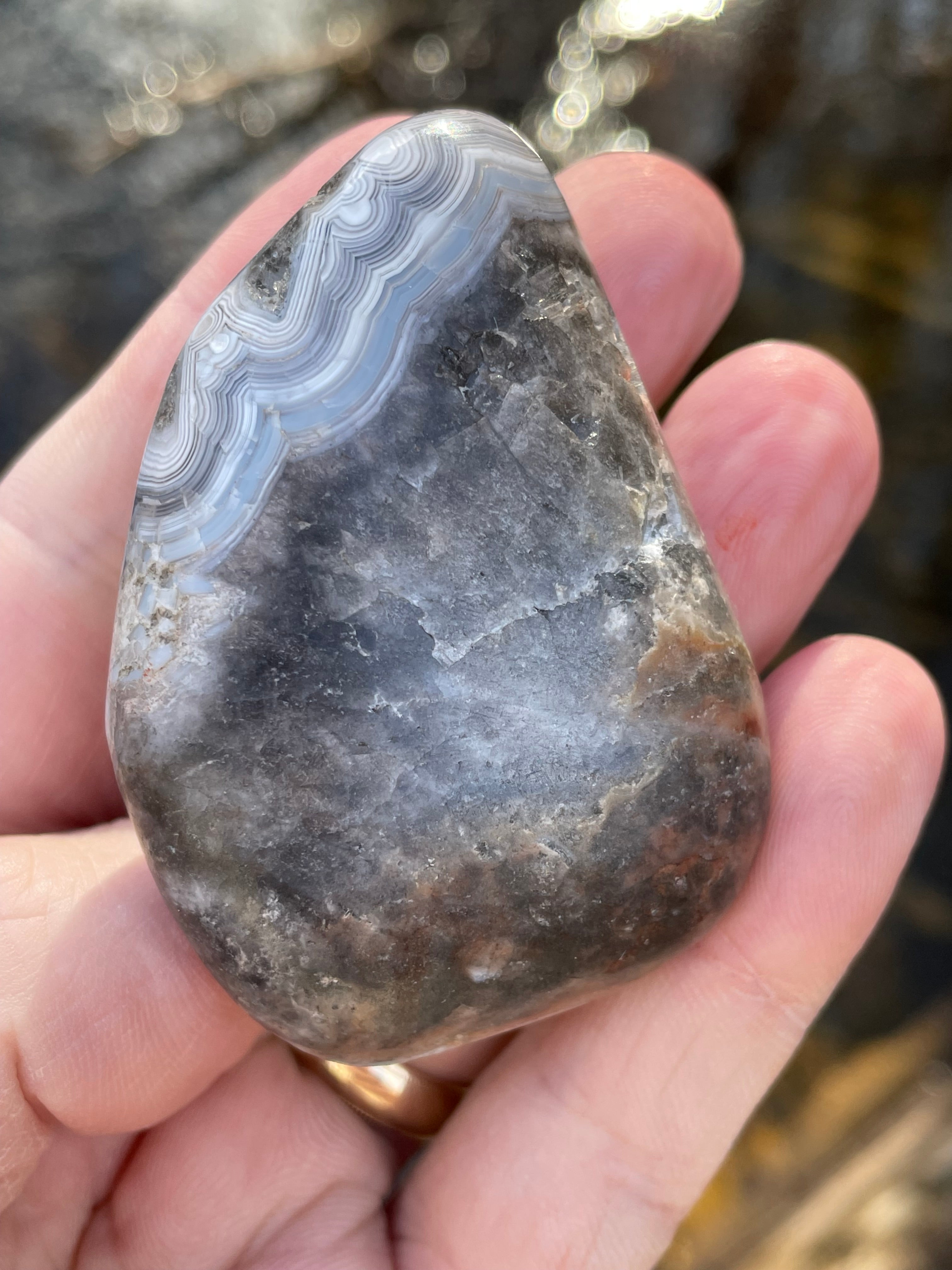 StoneBorn Creations Hand-Polished Banded Agate with Soft Grey Lace Layers Natural Quartz Matrix Freeform Finish