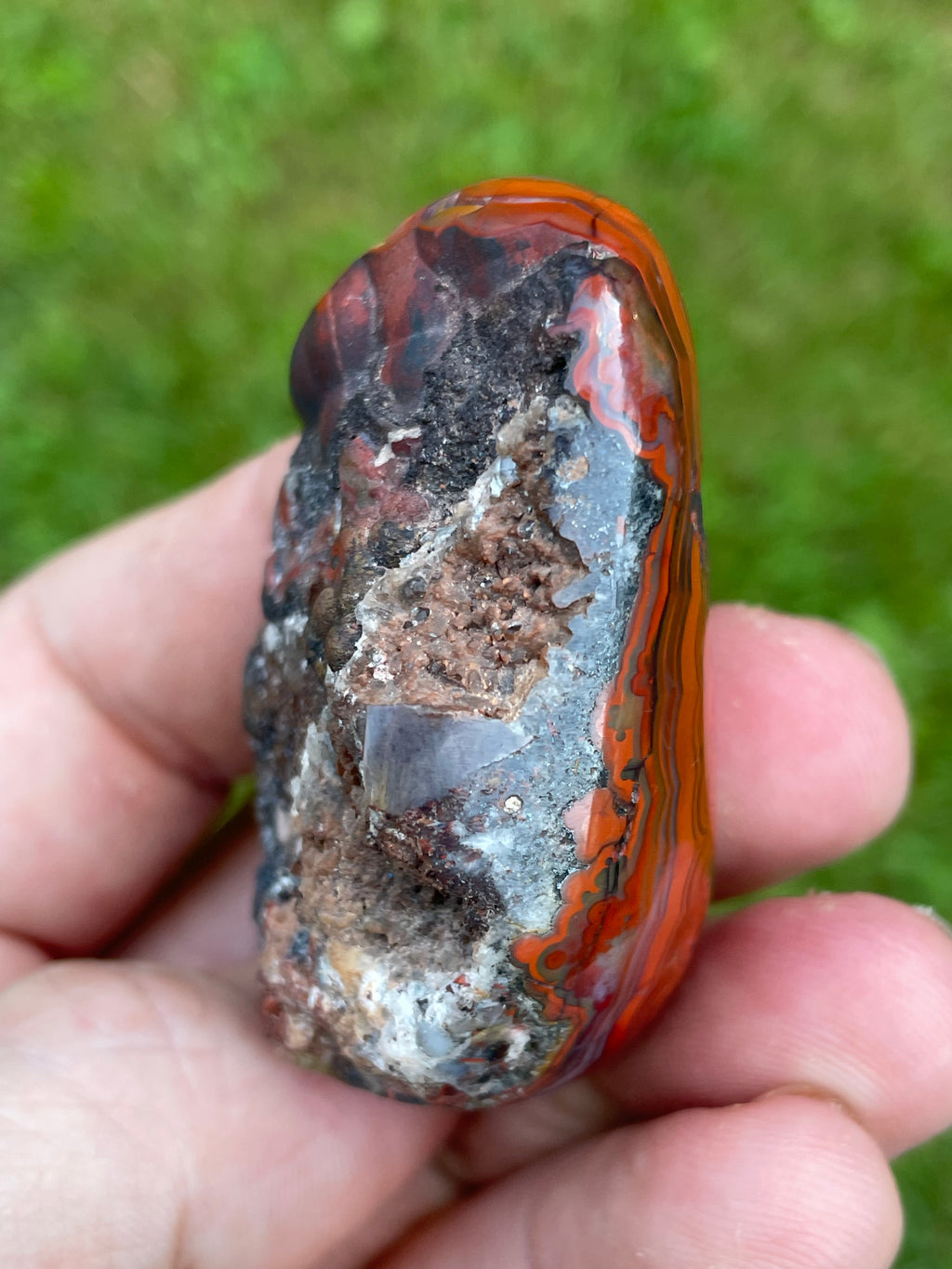 StoneBorn Creations Hand-Polished Lace Agate Freeform with Intricate Fortification Banding, Bold Red Plumes & Natural Druzy Matrix