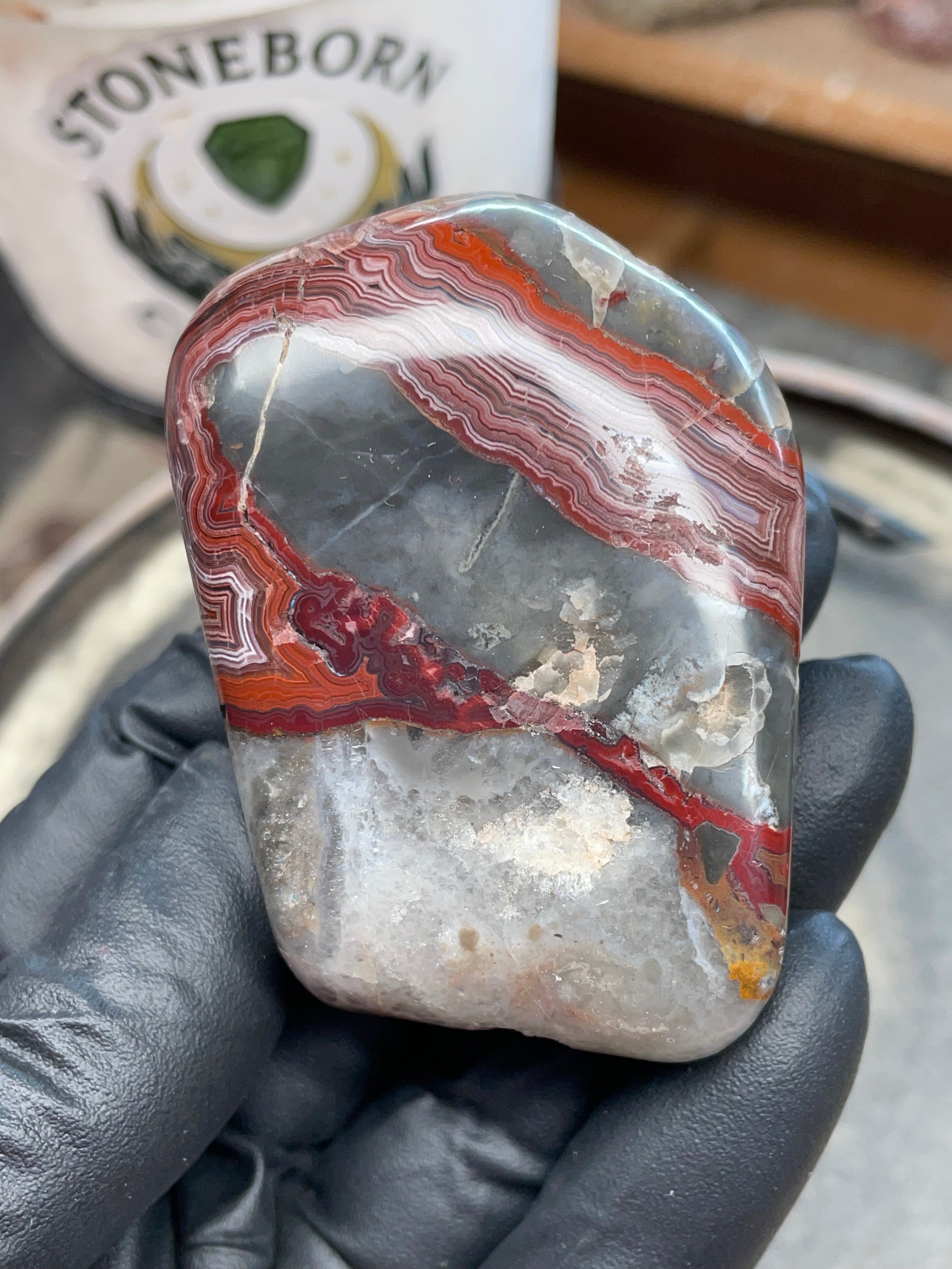 StoneBorn Creations – Hand Polished Crazy Lace Agate – Double Sided Fire Banding