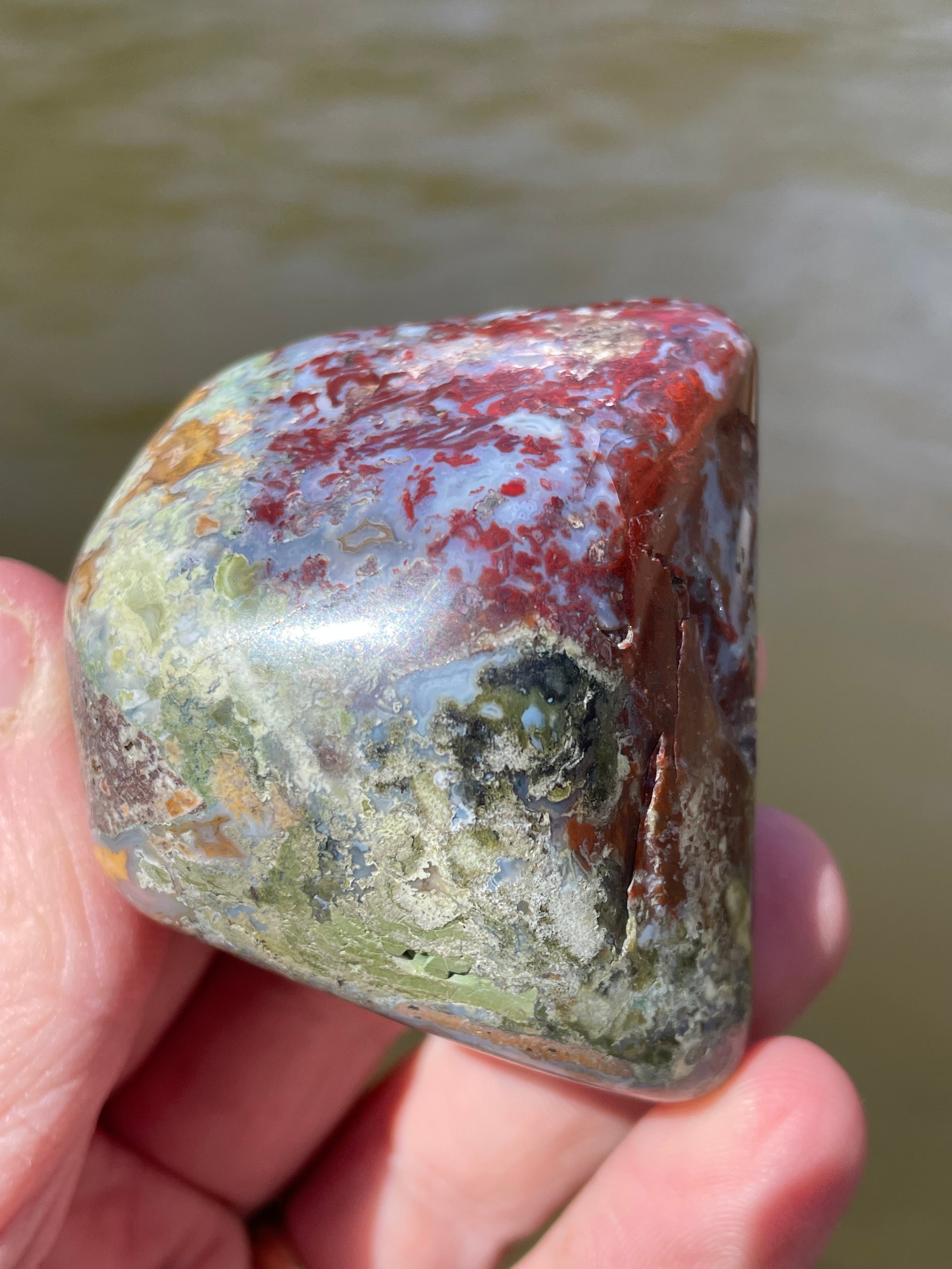 StoneBorn Creations Hand-Polished Lace Agate with Crimson Plumes, Moss Green Inclusions & Natural Freeform Finish