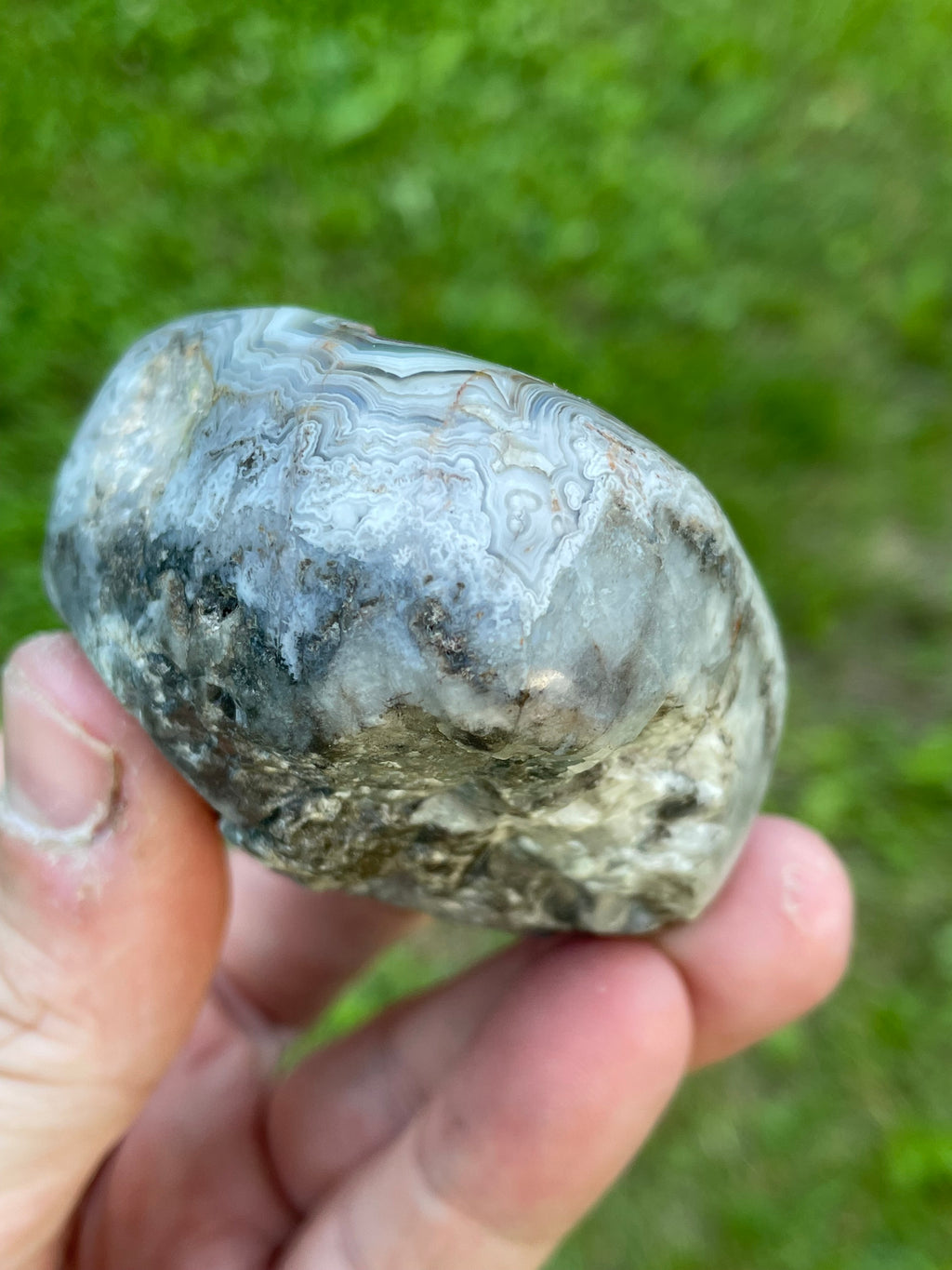StoneBorn Creations Hand-Polished Lace Agate Freeform with Intricate Fortification Banding, Orbicular Eyes, Natural Matrix & Curved Display Face
