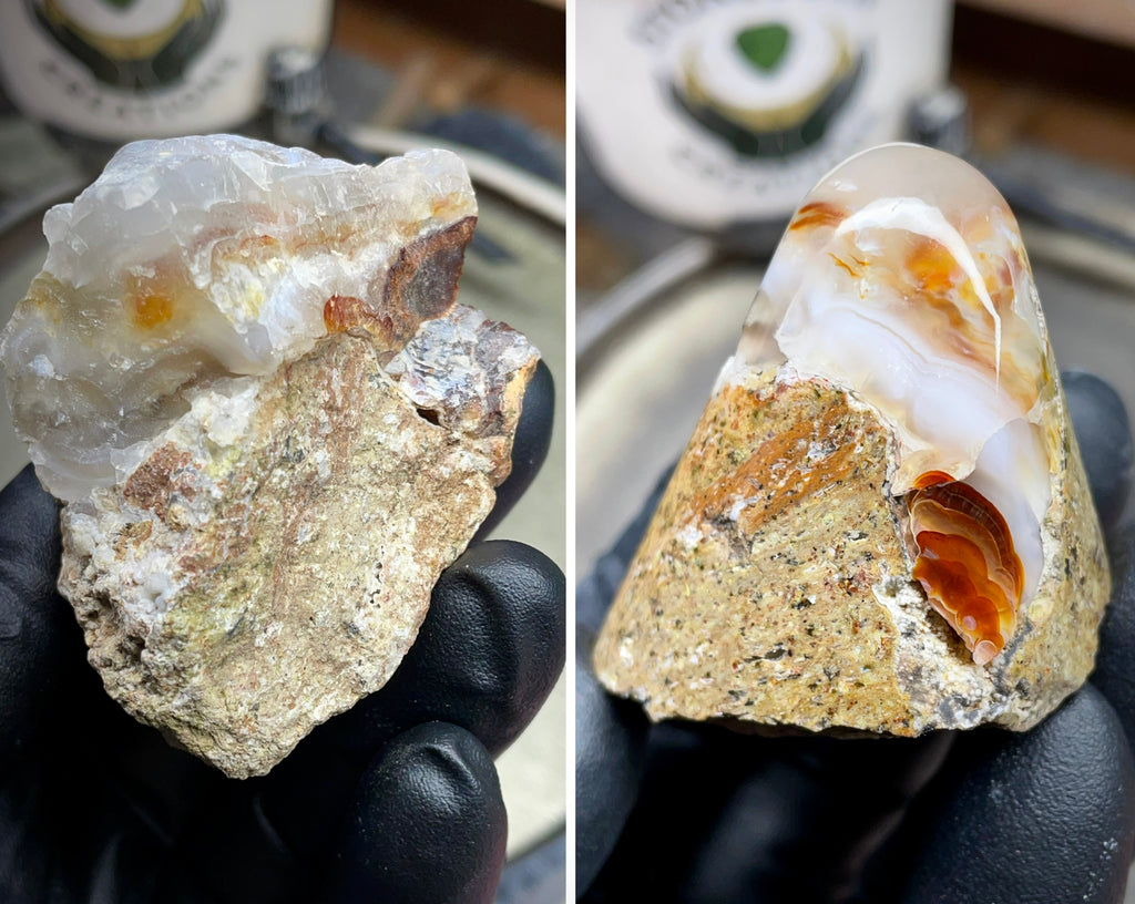 StoneBorn Creations Hand-Shaped Fire Agate with Natural Banding and Raw Matrix Base