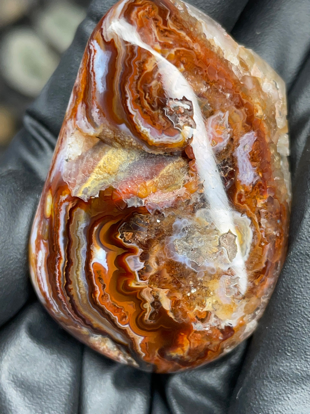 StoneBorn Creations Hand-Polished Fire Agate with Raw Crystal Top – Banded Natural Agate Display Stone