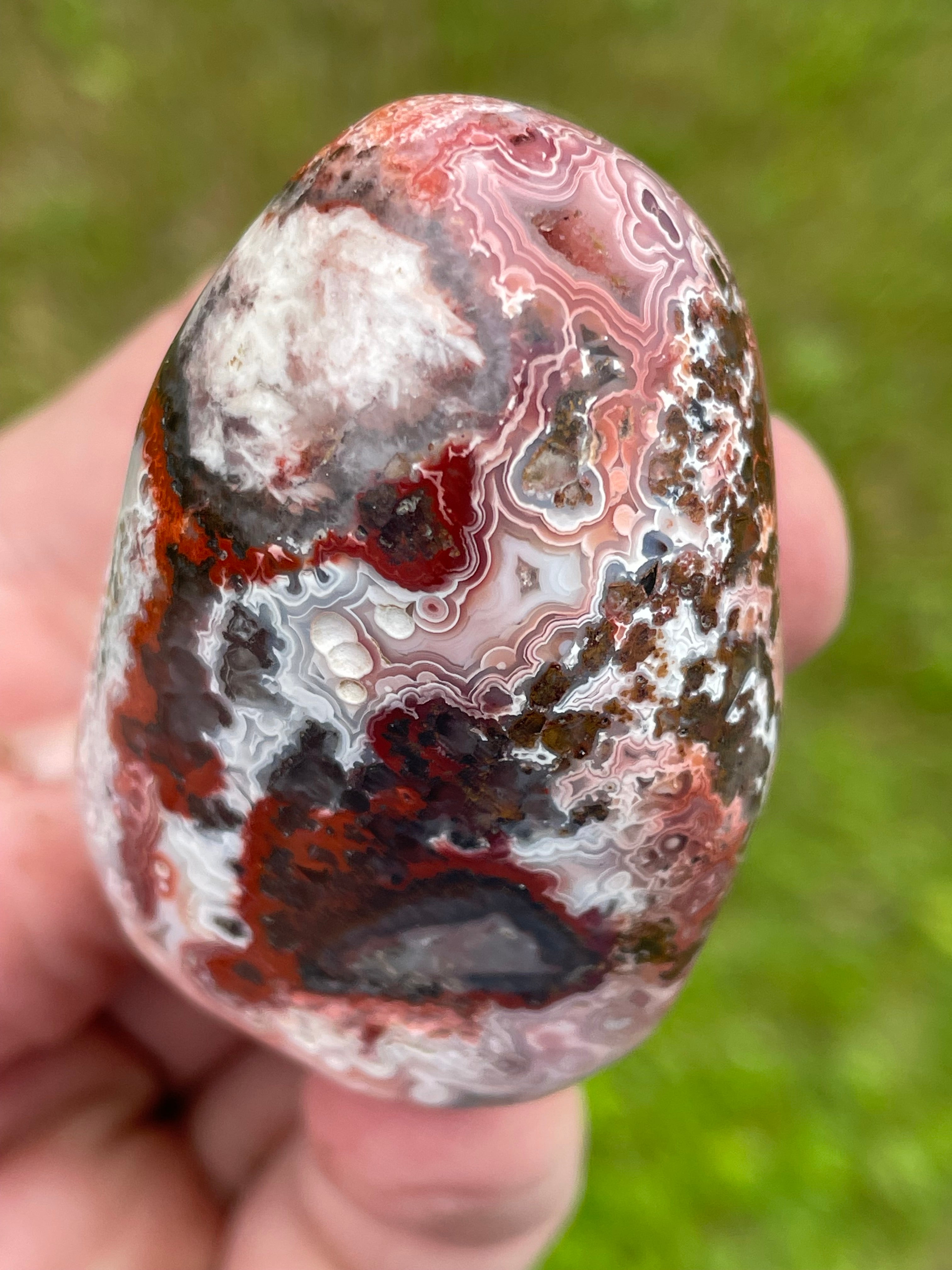 StoneBorn Creations Hand-Polished Lace Agate Freeform with Crimson Fortification Banding, Natural Druzy Cavities, and Intricate Orbicular Patterns