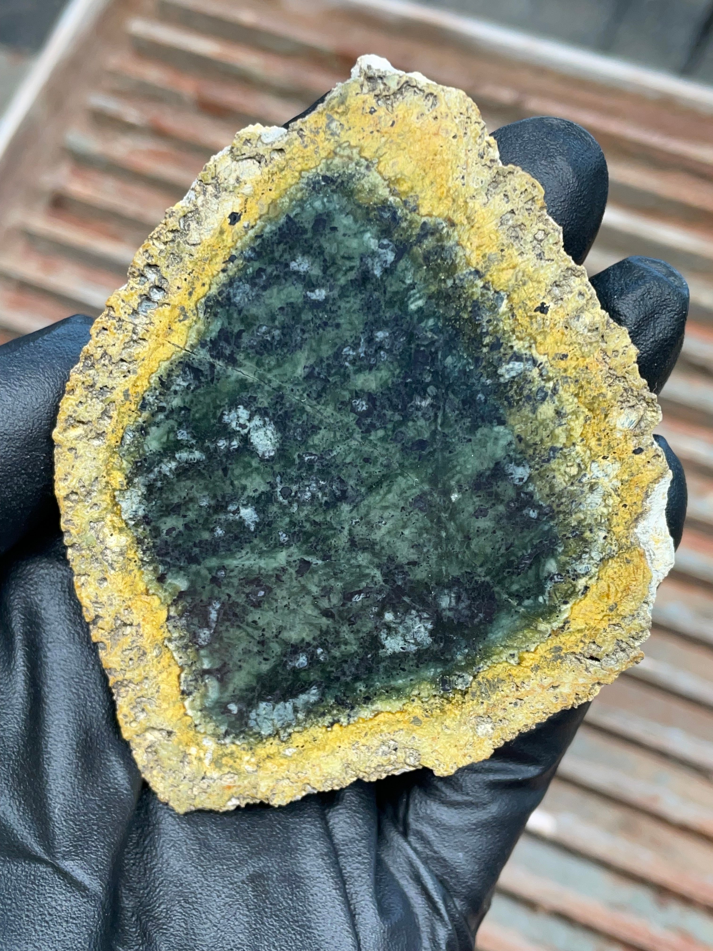 StoneBorn Creations | Polished Vermont Greenstone Slab — Deep Green Core with Golden Weathered Rind