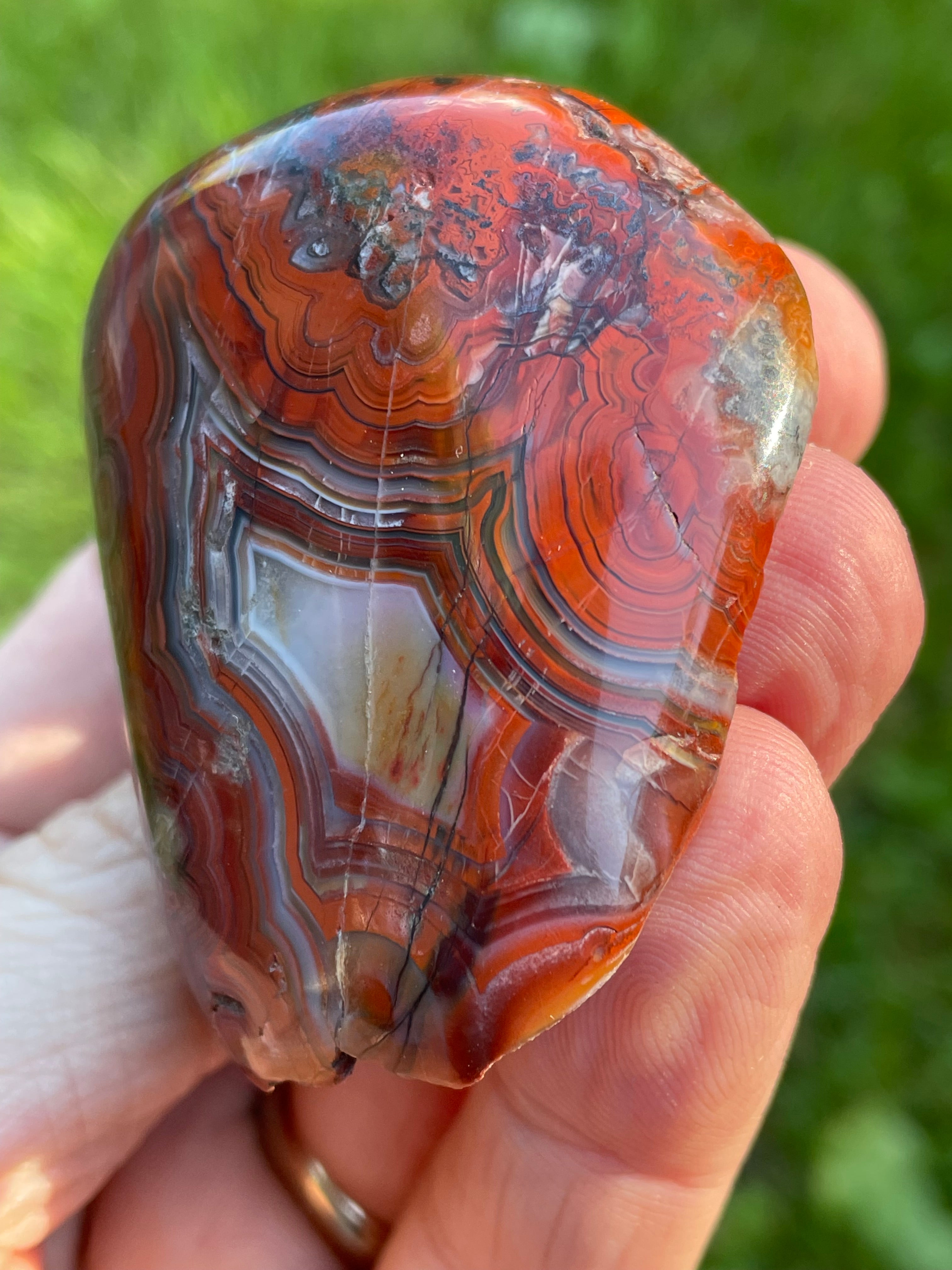 StoneBorn Creations Hand-Polished Lace Agate Freeform with Curved Polished Face, Fortification Banding, and Natural Raw Backing