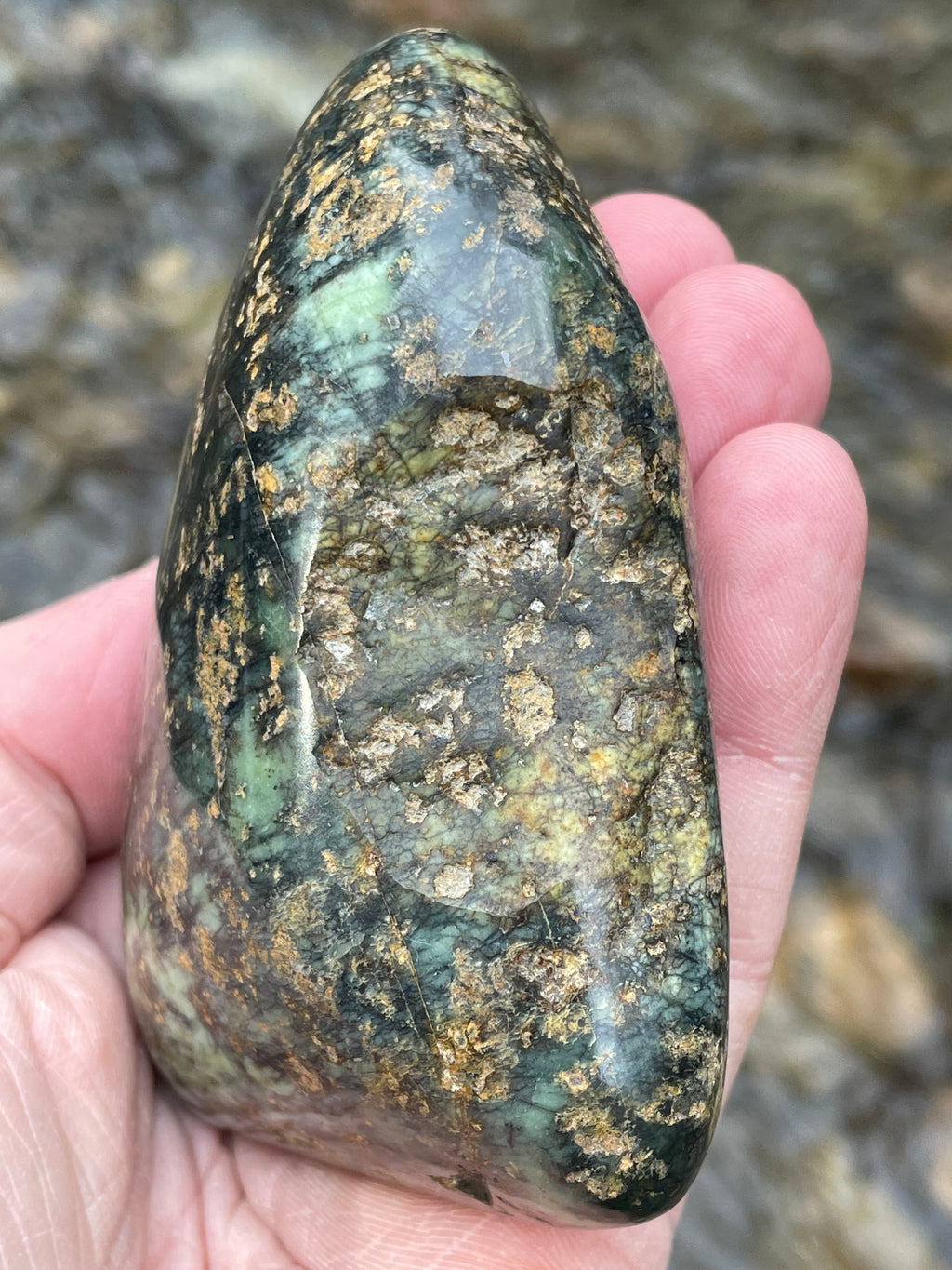 StoneBorn Creations Hand-Polished Vermont Serpentine with Golden Flecking Deep Forest Greens Full 360 Finish