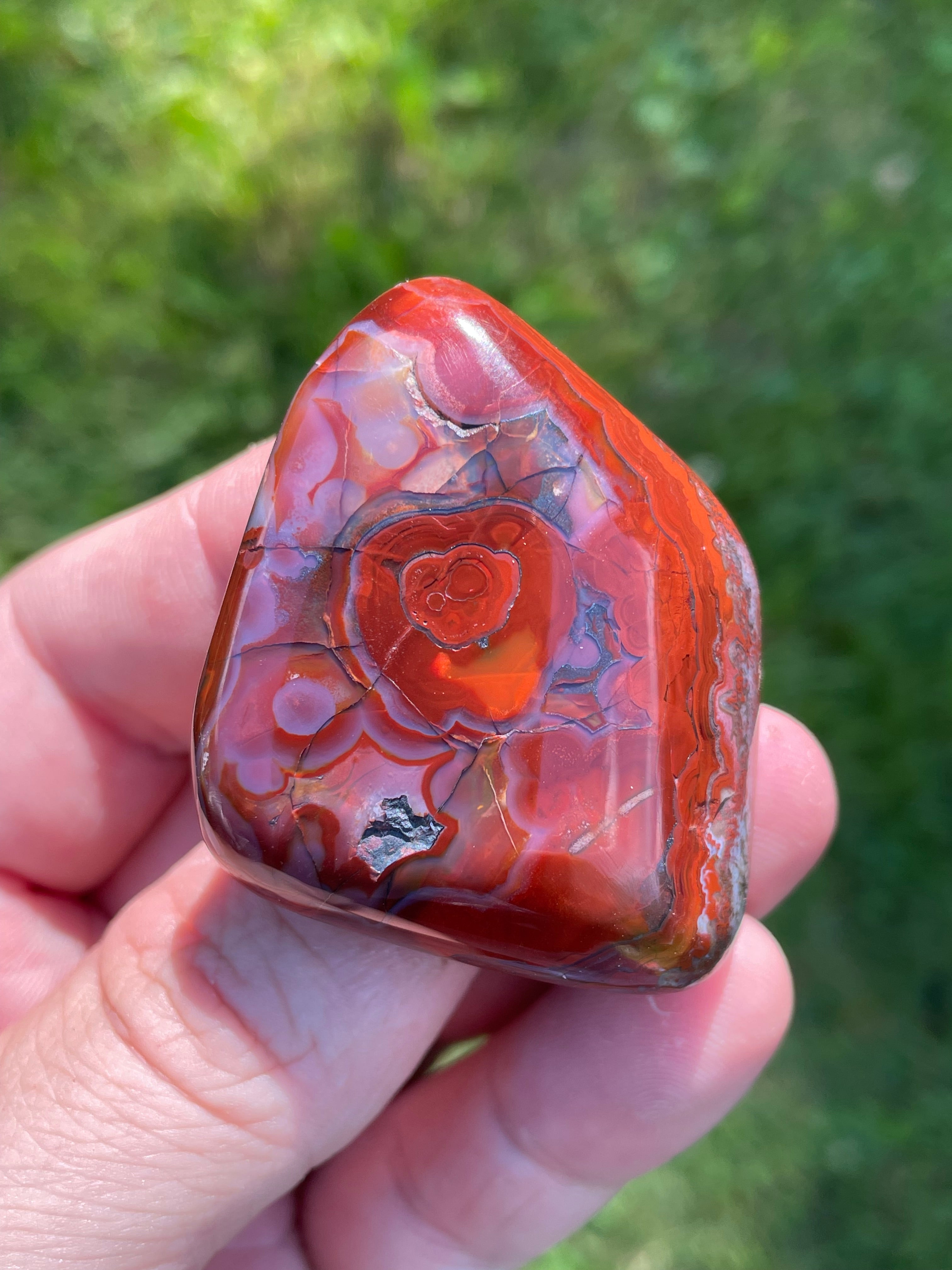 StoneBorn Creations Hand-Polished Lace Agate Freeform with Bold Red Plumes, Fortification Banding & Natural Matrix