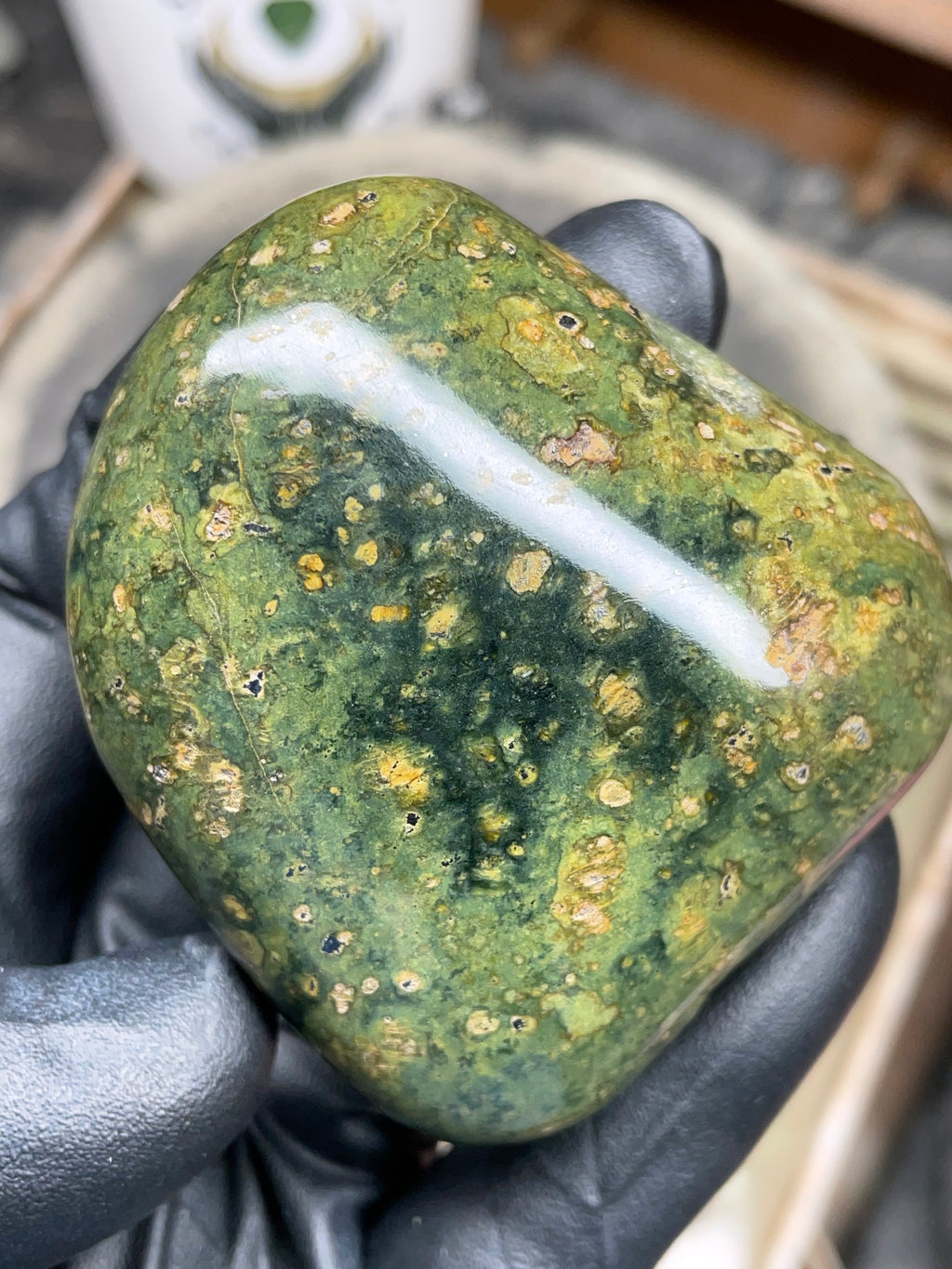StoneBorn Creations – Hand-Polished Vermont Serpentine | Natural Green Stone with Golden Inclusions | One-of-a-Kind Display Piece