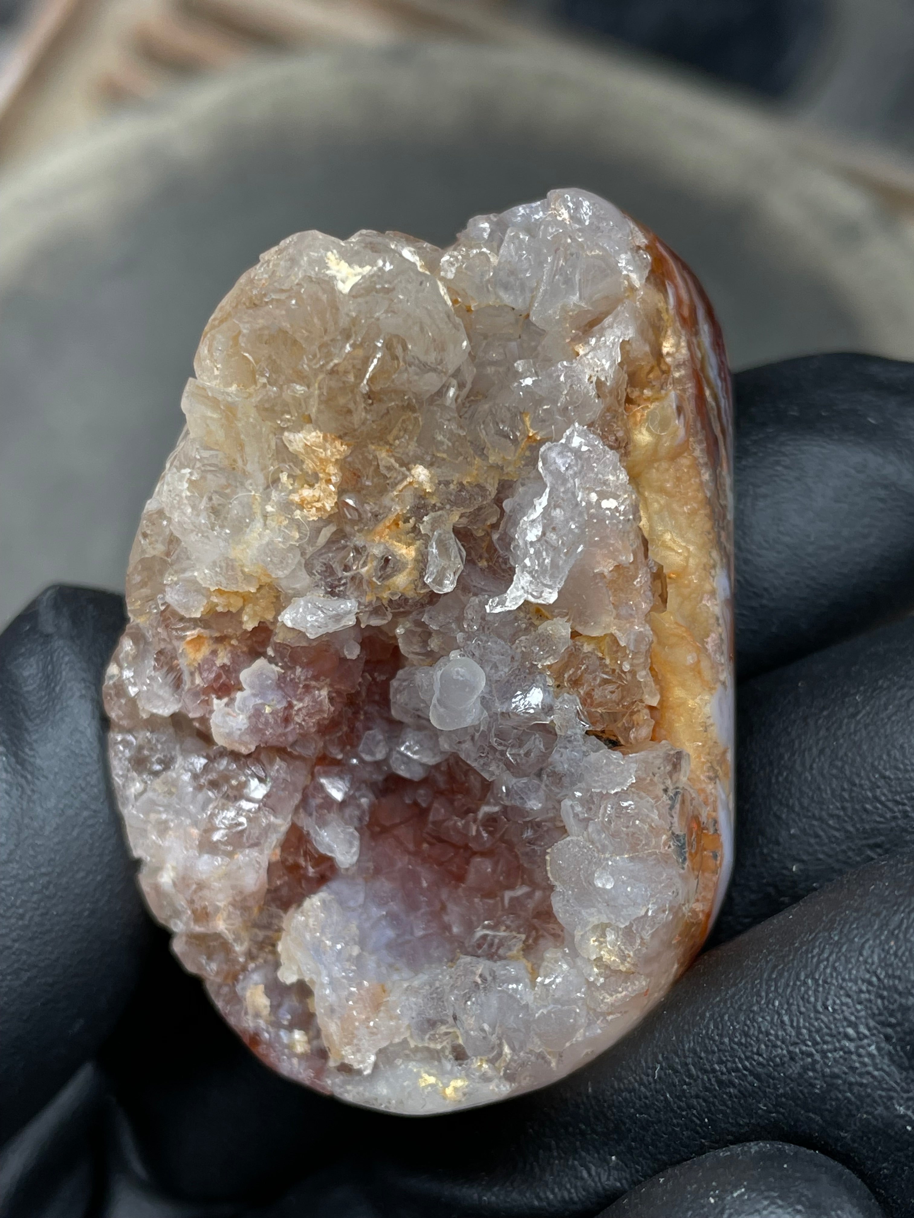 StoneBorn Creations Hand-Polished Fire Agate with Raw Crystal Top – Banded Natural Agate Display Stone