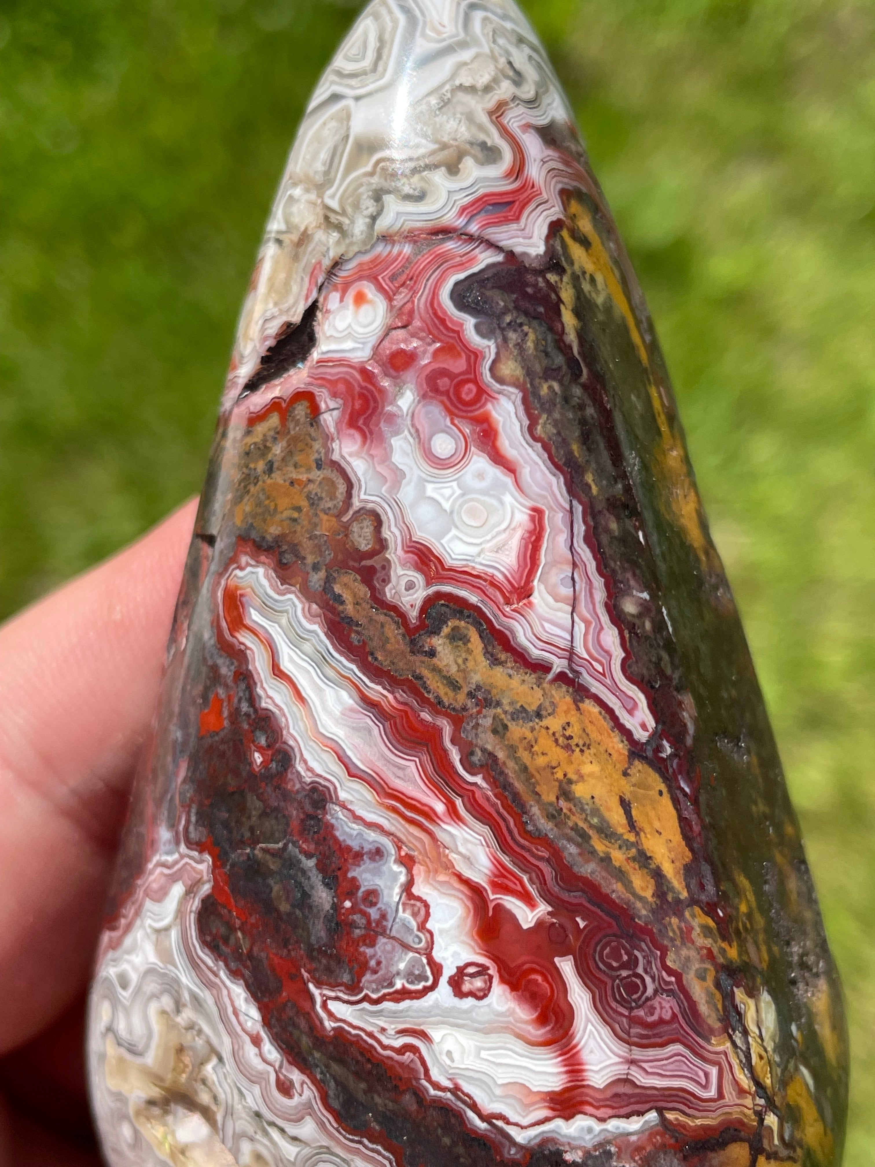 StoneBorn Creations Hand-Polished Lace Agate Freeform with Deep Crimson Banding, Intricate Fortification Patterns, and Natural Druzy Pocket