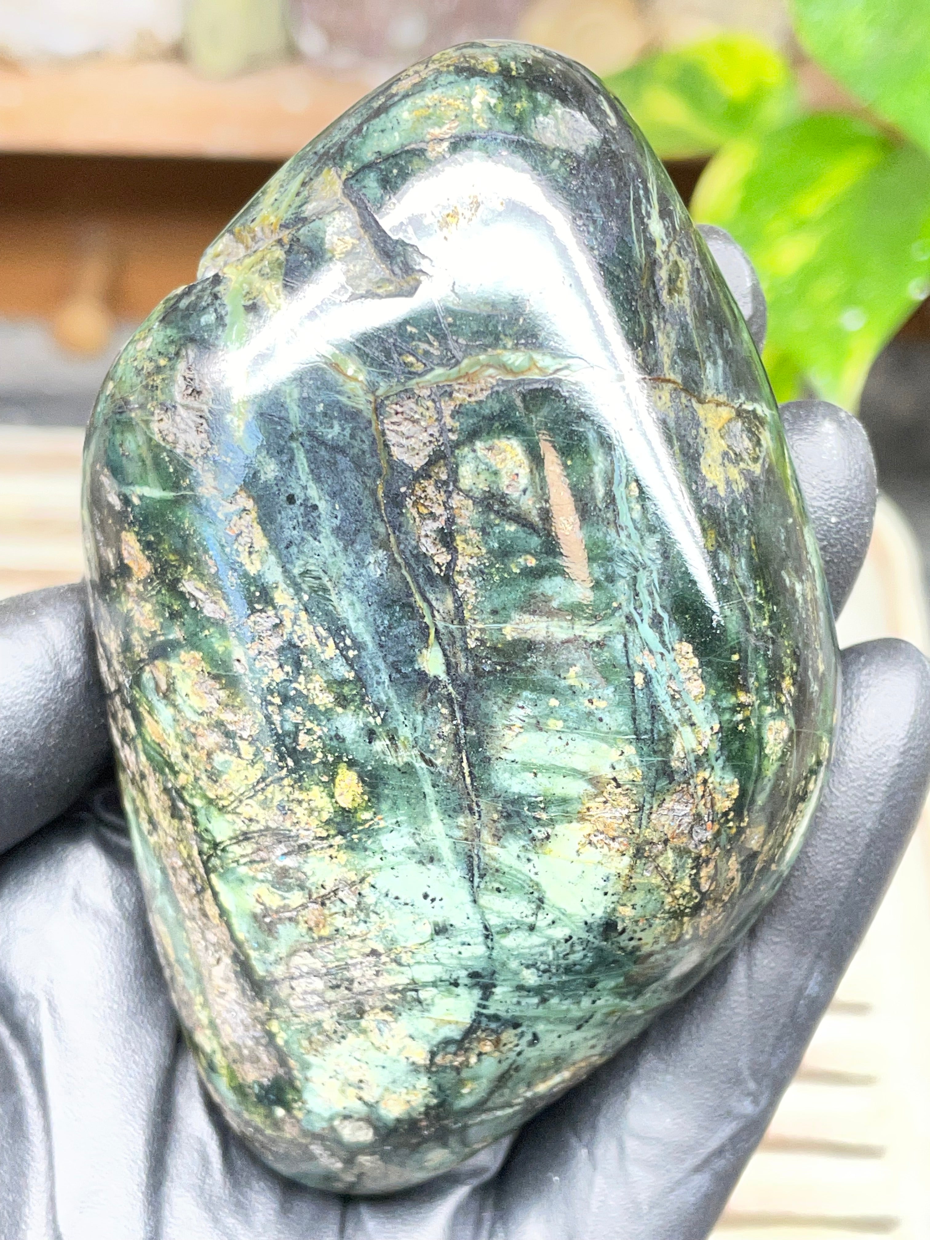 StoneBorn Creations Half-Polished Vermont Serpentine with Natural Gold Flecking – Raw & Polished One-of-a-Kind Display Stone
