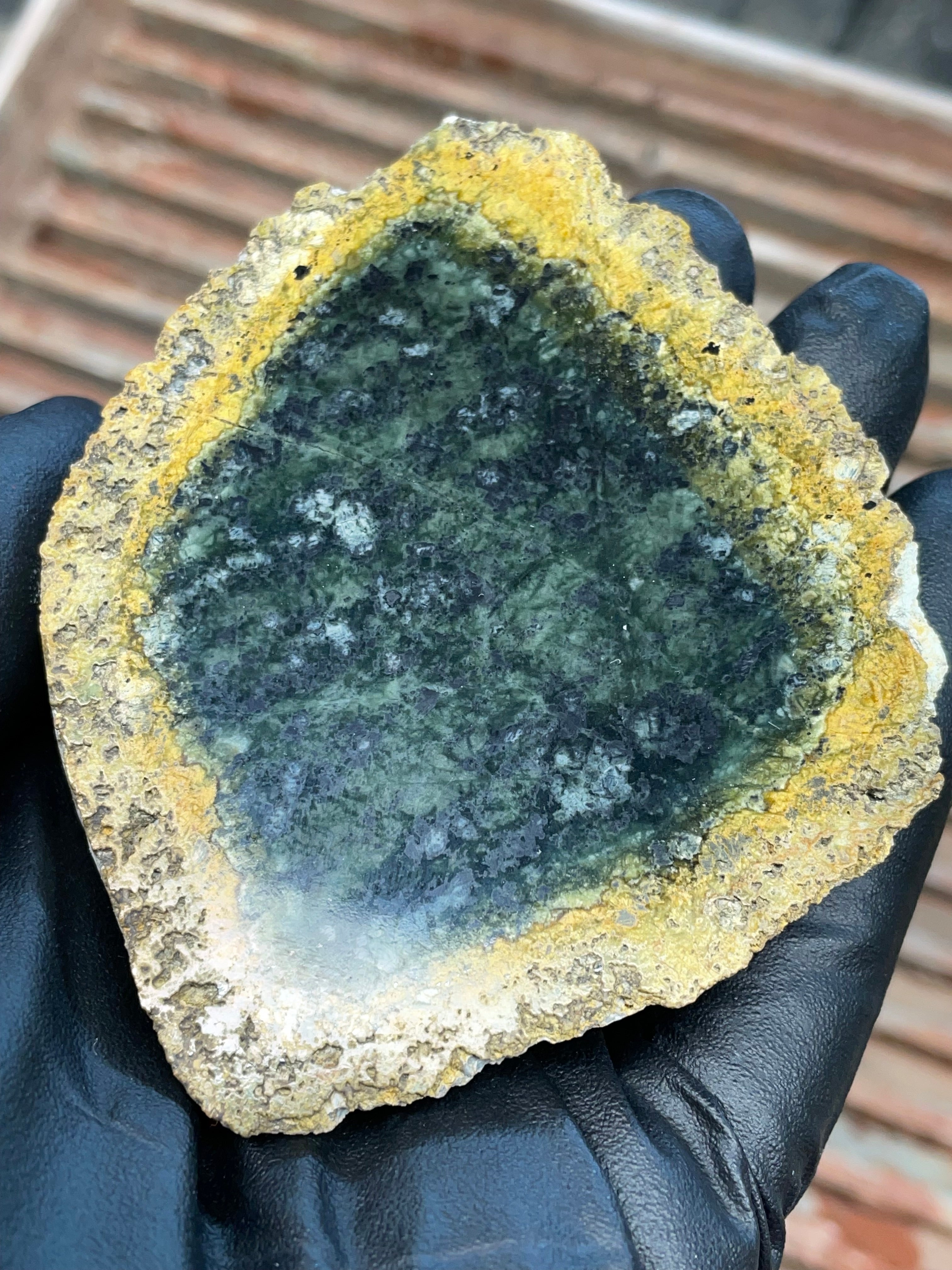 StoneBorn Creations | Polished Vermont Greenstone Slab — Deep Green Core with Golden Weathered Rind