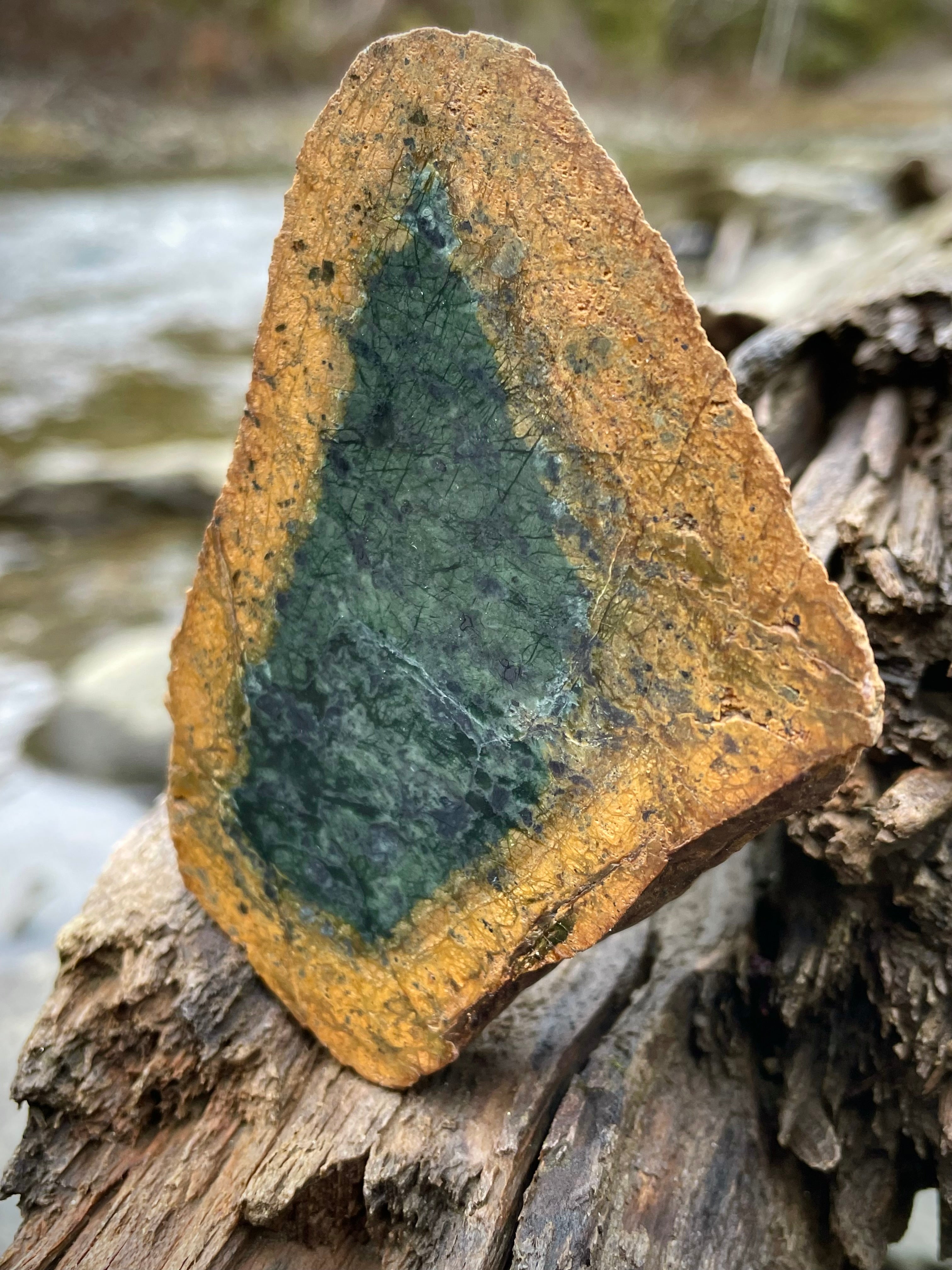 🌲 Vermont Green Serpentine Core Slice – Natural Golden Rind
