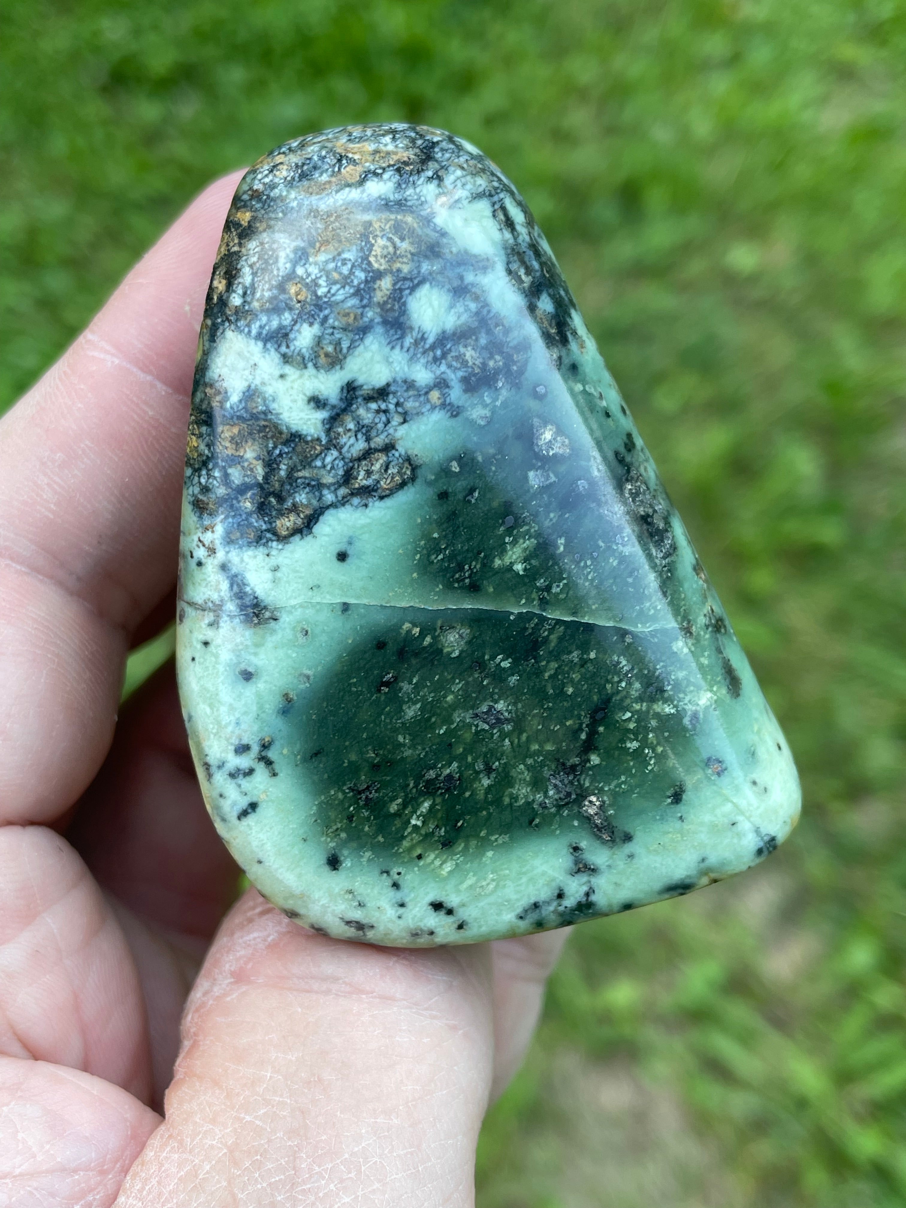 StoneBorn Creations Hand-Polished Green Serpentine Freeform with Deep Forest Green Pocket, Golden Matrix, and Natural Black Mineral Inclusions