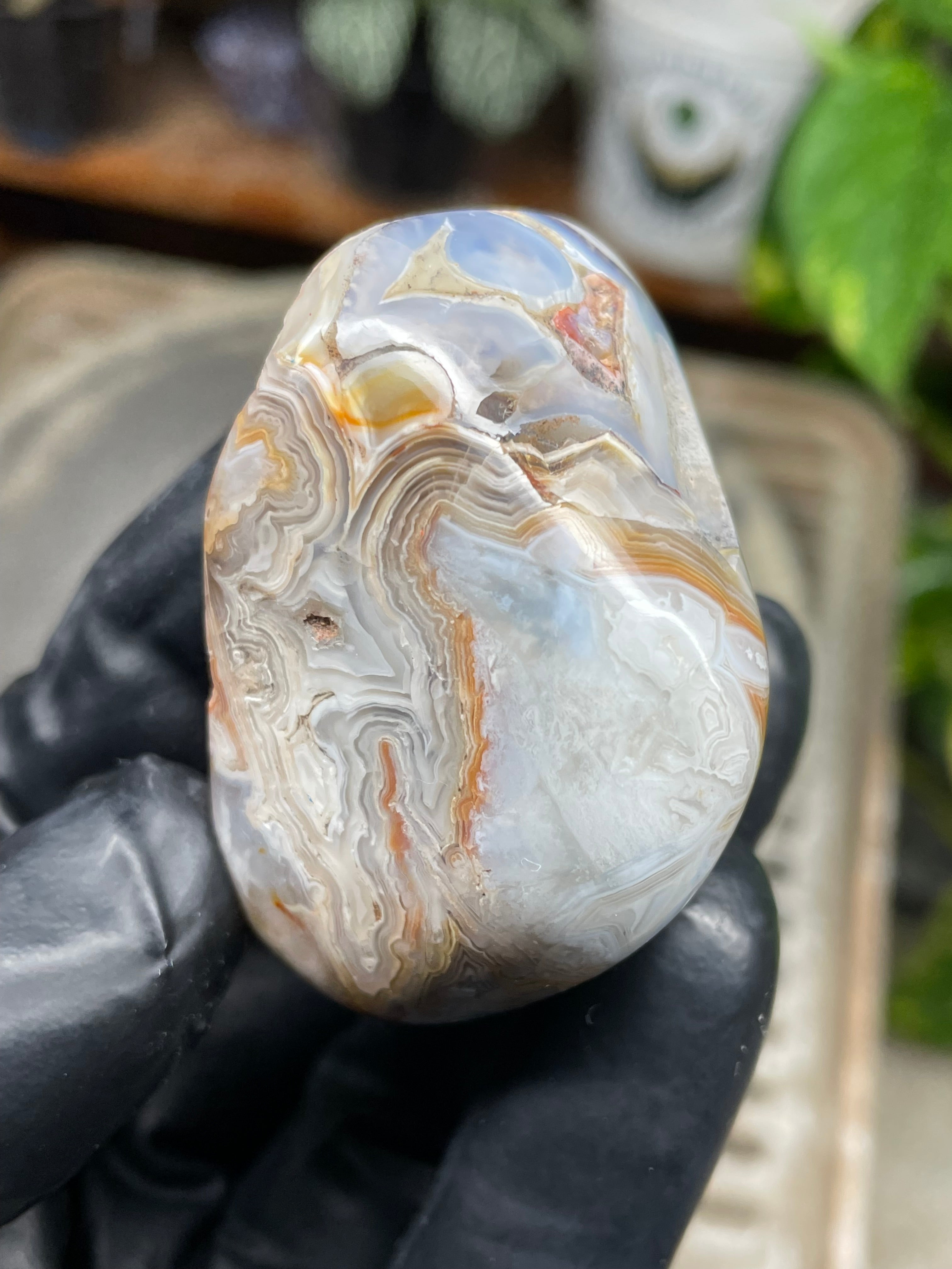 StoneBorn Creations Hand Polished Banded Agate Freeform – Natural Lace Patterns, Raw Base with Fully Shaped Top Display Stone