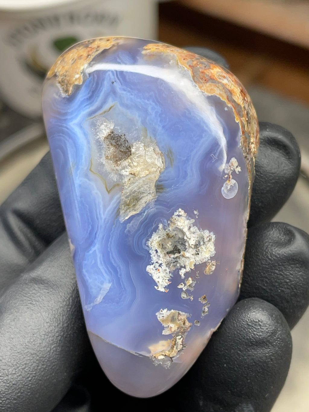 StoneBorn Creations Hand-Polished Blue Lace Agate with Natural Druzy Crystal Pocket & Earth-Toned Matrix