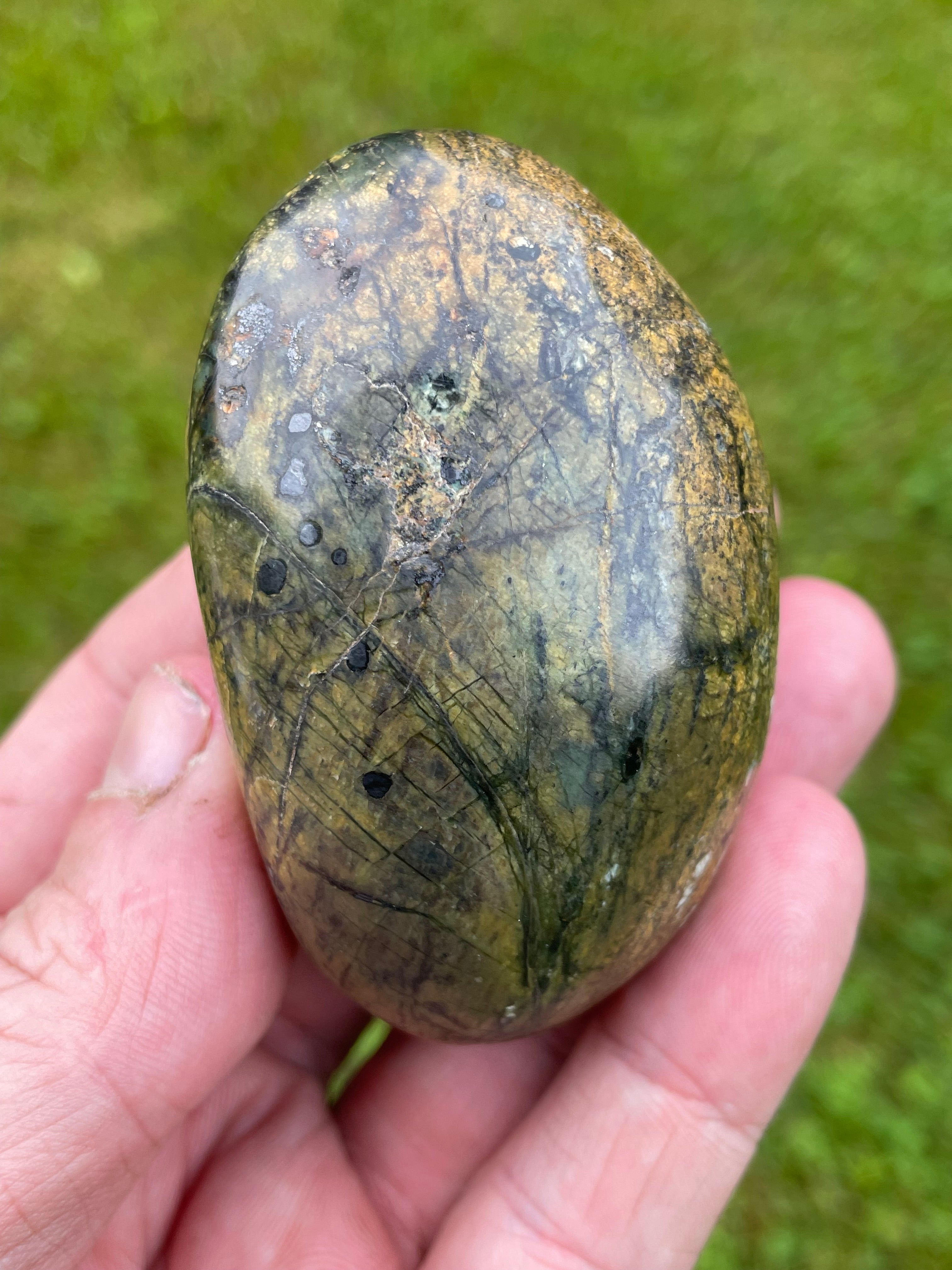 StoneBorn Creations Hand Polished Serpentine Freeform with Natural Olive Matrix, White Mineral Inclusions and Intricate Veining