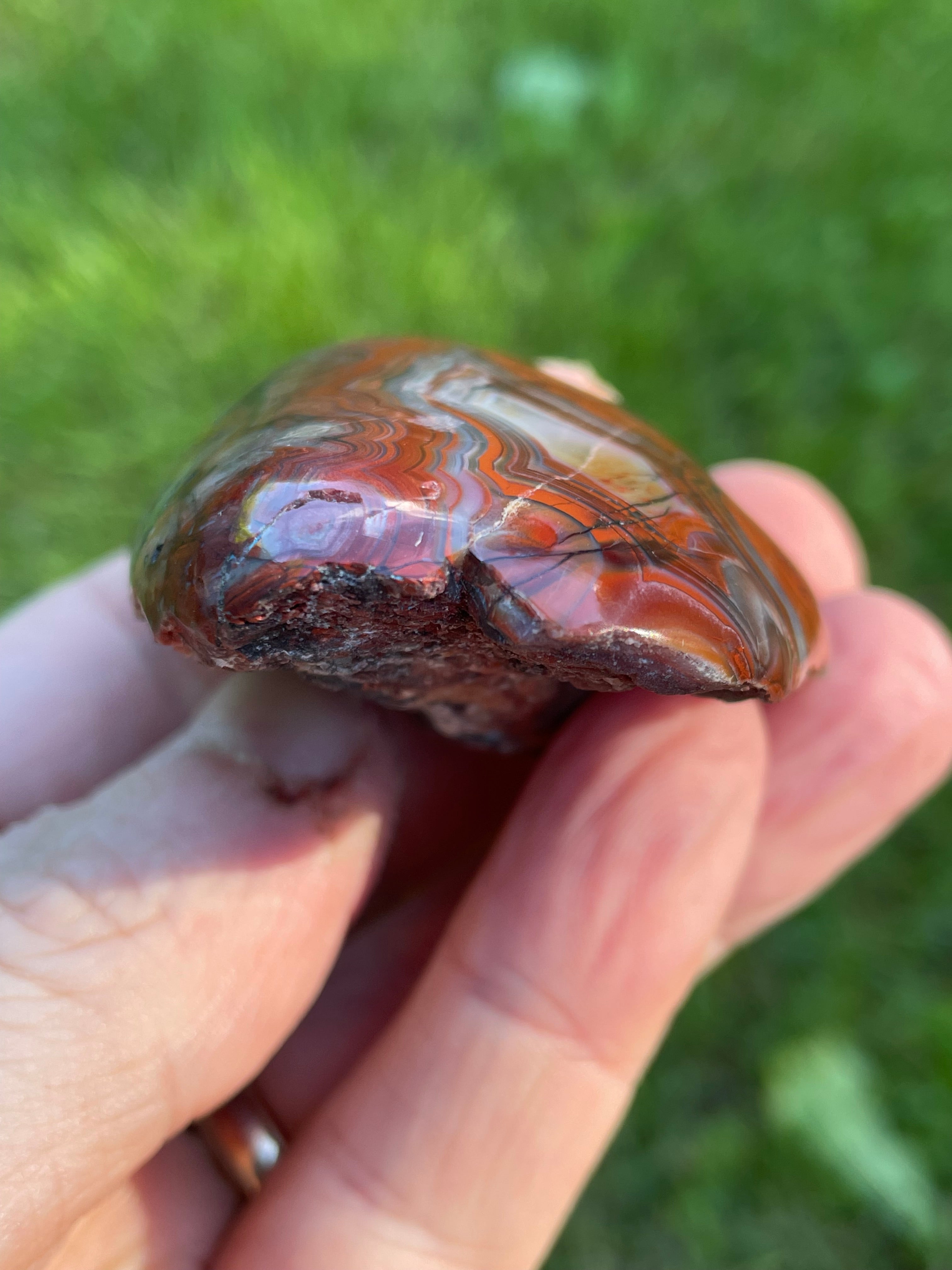 StoneBorn Creations Hand-Polished Lace Agate Freeform with Curved Polished Face, Fortification Banding, and Natural Raw Backing