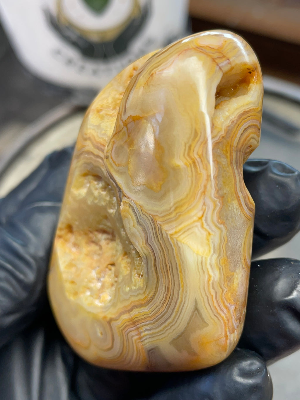 StoneBorn Creations – Crowley Ridge Agate w/ Golden Lace Banding & Natural Druzy Pockets (Hand-Polished)