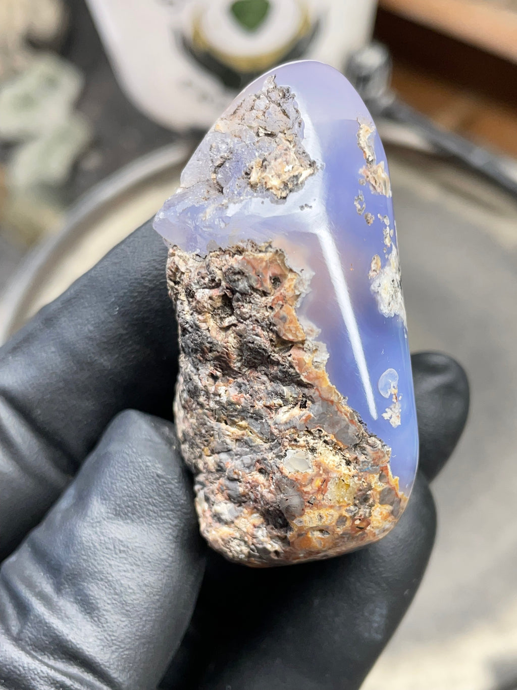 StoneBorn Creations Hand-Polished Blue Lace Agate with Natural Druzy Crystal Pocket & Earth-Toned Matrix