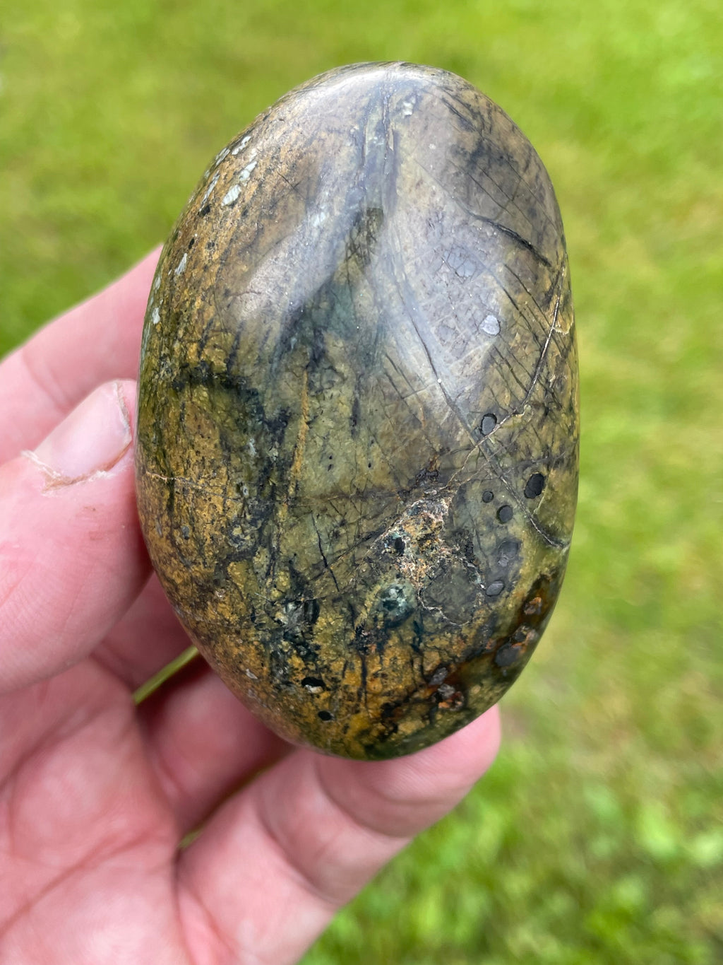 StoneBorn Creations Hand Polished Serpentine Freeform with Natural Olive Matrix, White Mineral Inclusions and Intricate Veining