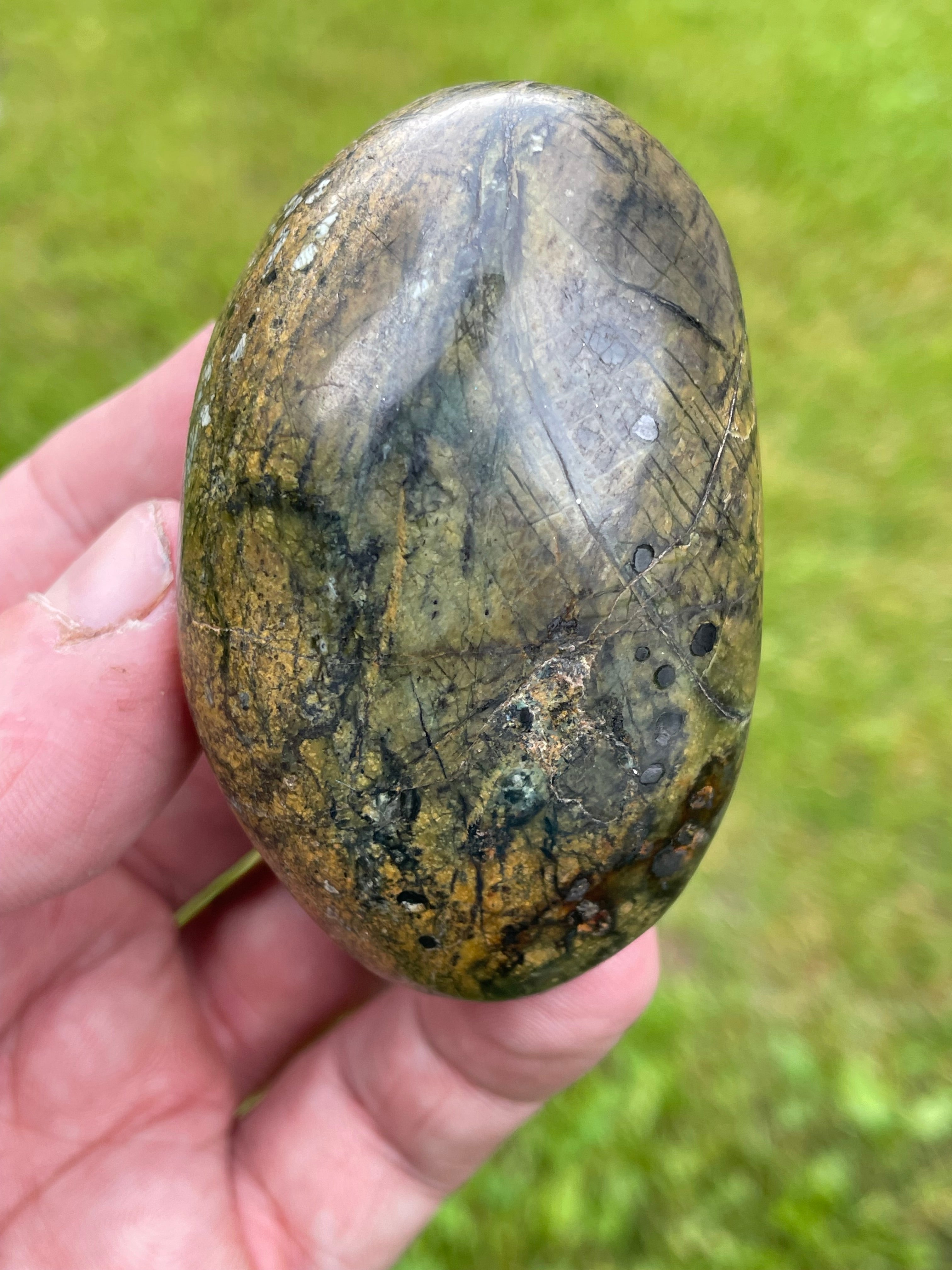 StoneBorn Creations Hand Polished Serpentine Freeform with Natural Olive Matrix, White Mineral Inclusions and Intricate Veining