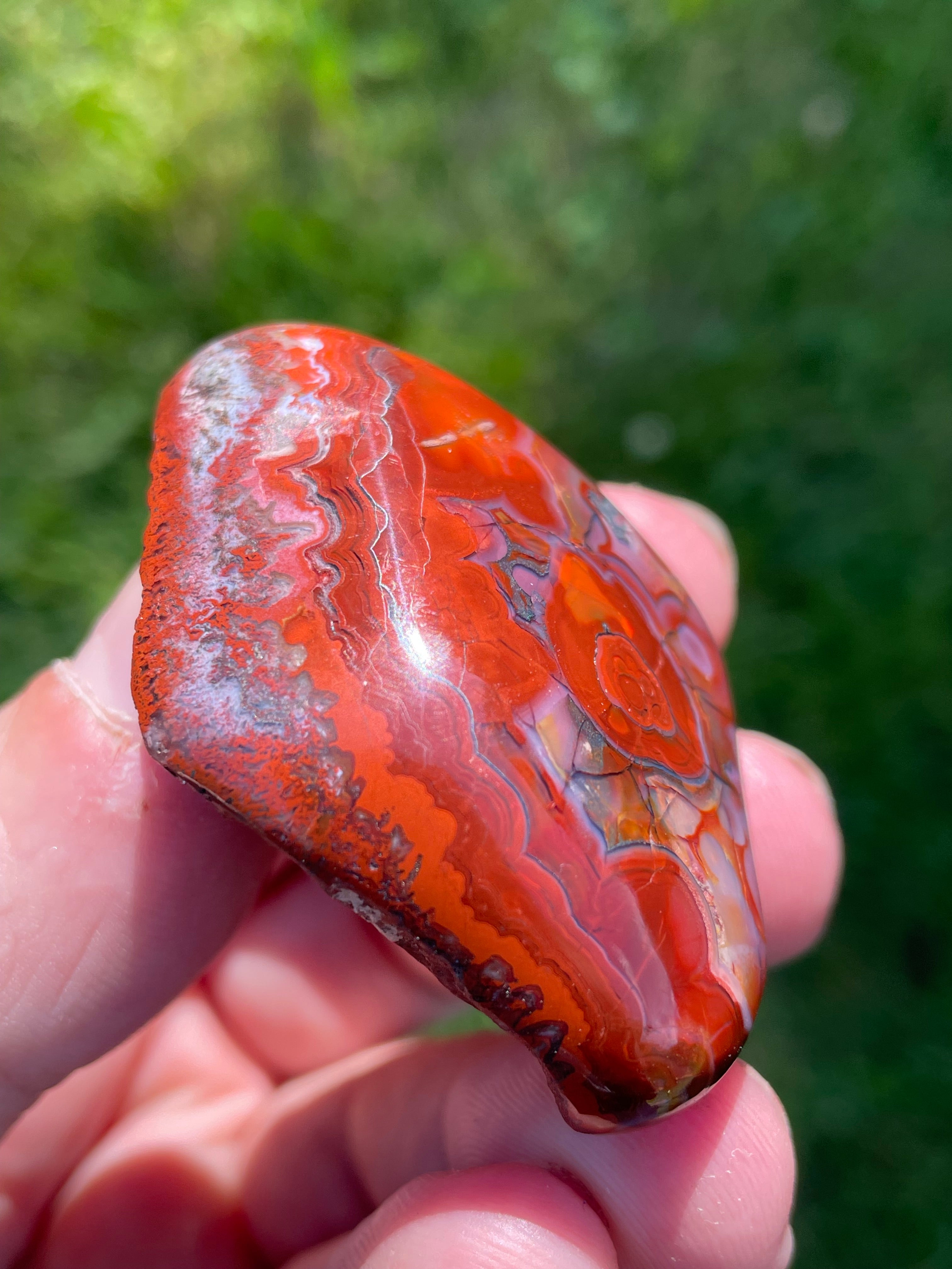 StoneBorn Creations Hand-Polished Lace Agate Freeform with Bold Red Plumes, Fortification Banding & Natural Matrix