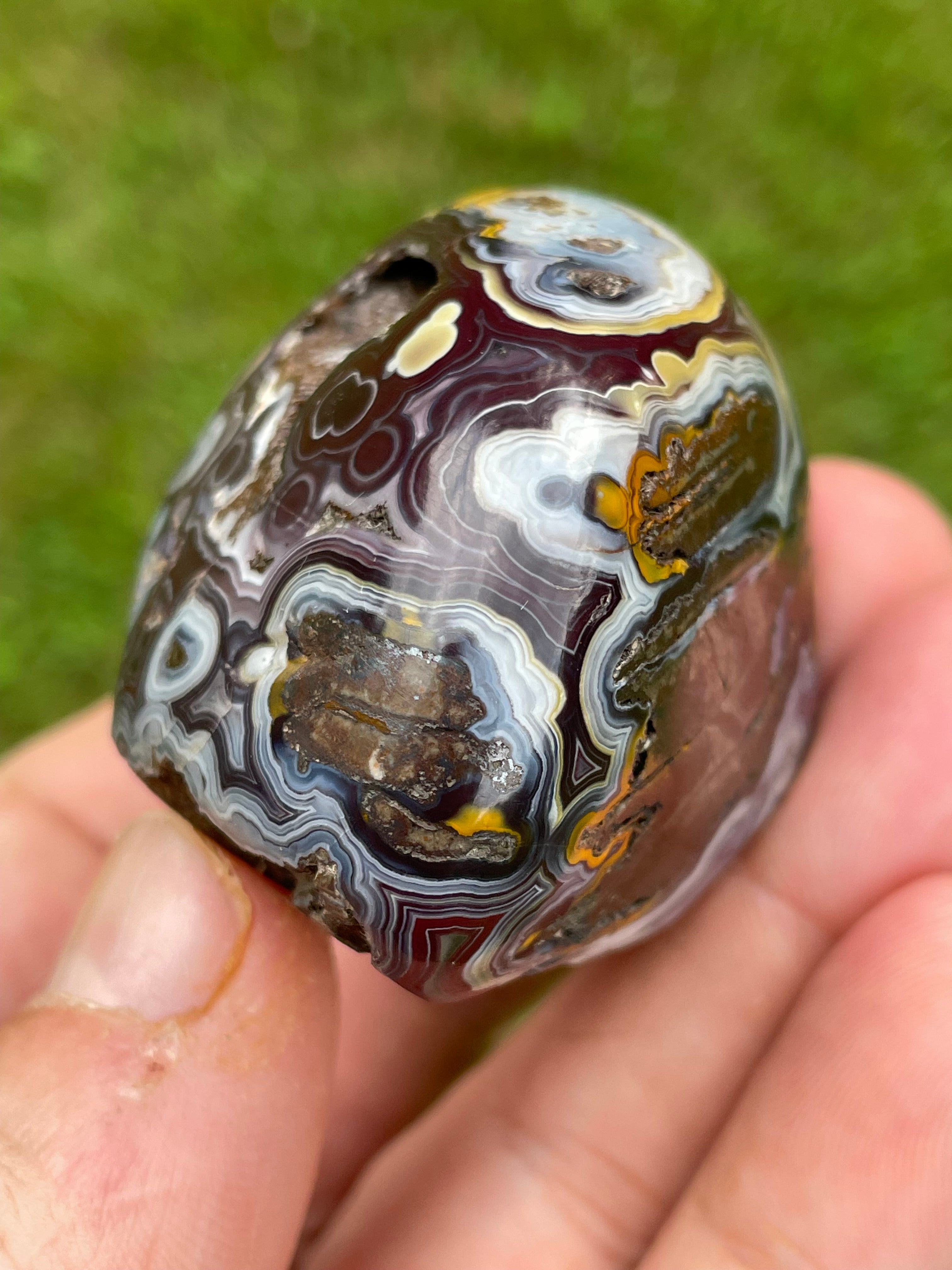 StoneBorn Creations Hand-Polished Lace Agate Freeform with Natural Druzy Quartz Pocket & Orbicular Banding