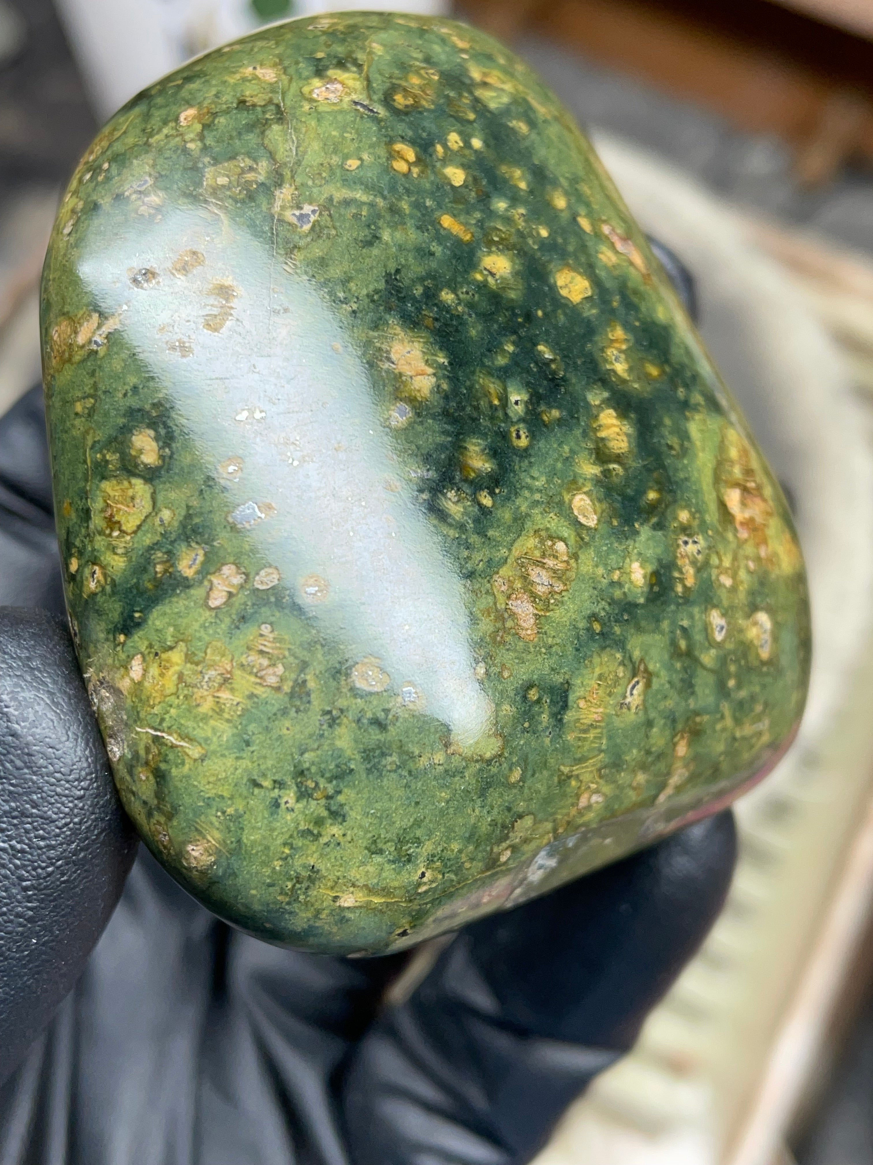 StoneBorn Creations – Hand-Polished Vermont Serpentine | Natural Green Stone with Golden Inclusions | One-of-a-Kind Display Piece