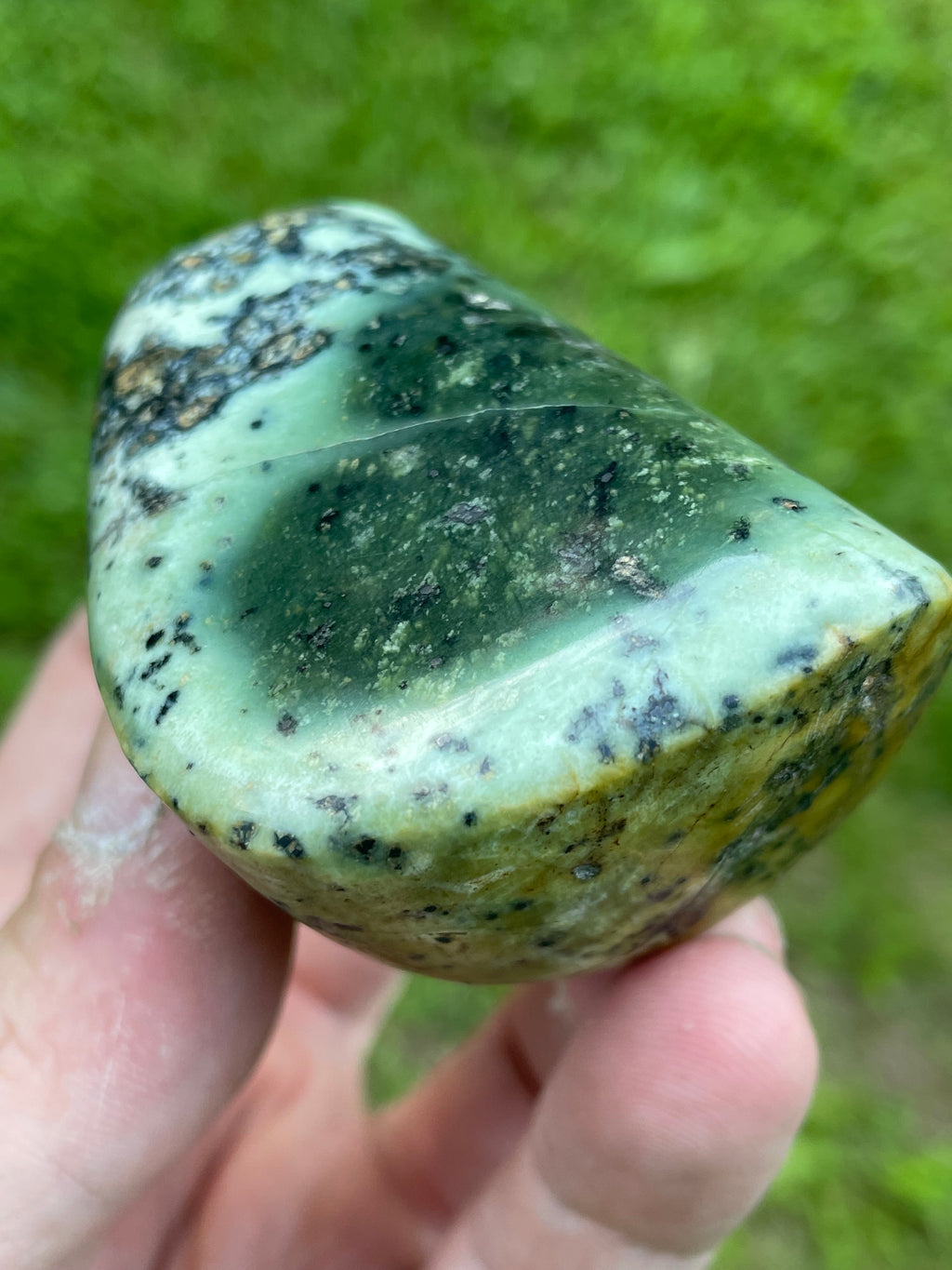StoneBorn Creations Hand-Polished Green Serpentine Freeform with Deep Forest Green Pocket, Golden Matrix, and Natural Black Mineral Inclusions