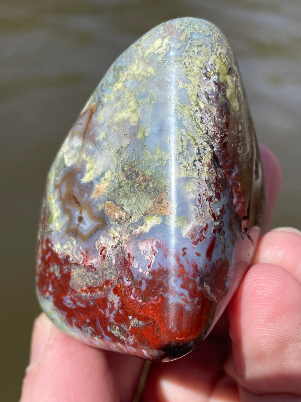 StoneBorn Creations Hand-Polished Lace Agate with Crimson Plumes, Moss Green Inclusions & Natural Freeform Finish
